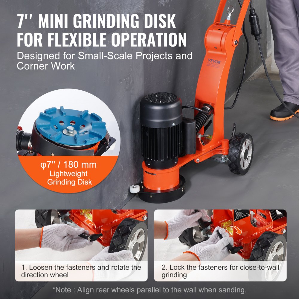VEVOR Electric Concrete Floor Grinder 7" Walk-Behind Grinder 1.7HP Concrete Floor Polisher, 1300W Grinding Machine, 1720RPM Upgrade Brushless Motor Surfacing Grinder for Granite/Marble/Stones 