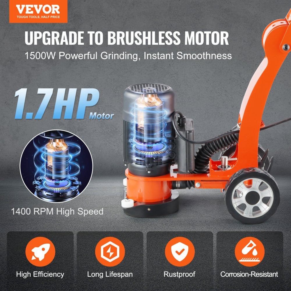 VEVOR Electric Concrete Floor Grinder 7" Walk-Behind Grinder 1.7HP Concrete Floor Polisher, 1300W Grinding Machine, 1720RPM Upgrade Brushless Motor Surfacing Grinder for Granite/Marble/Stones 