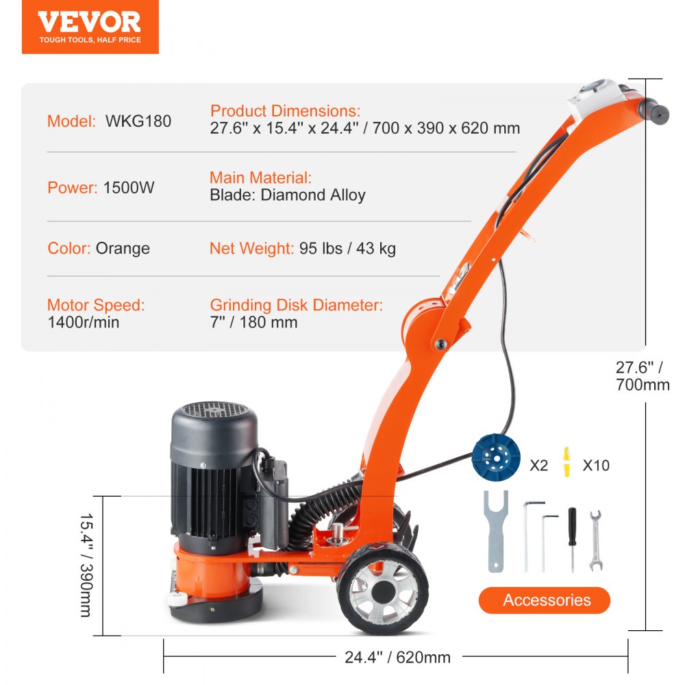 VEVOR Electric Concrete Floor Grinder 7" Walk-Behind Grinder 1.7HP Concrete Floor Polisher, 1300W Grinding Machine, 1720RPM Upgrade Brushless Motor Surfacing Grinder for Granite/Marble/Stones 