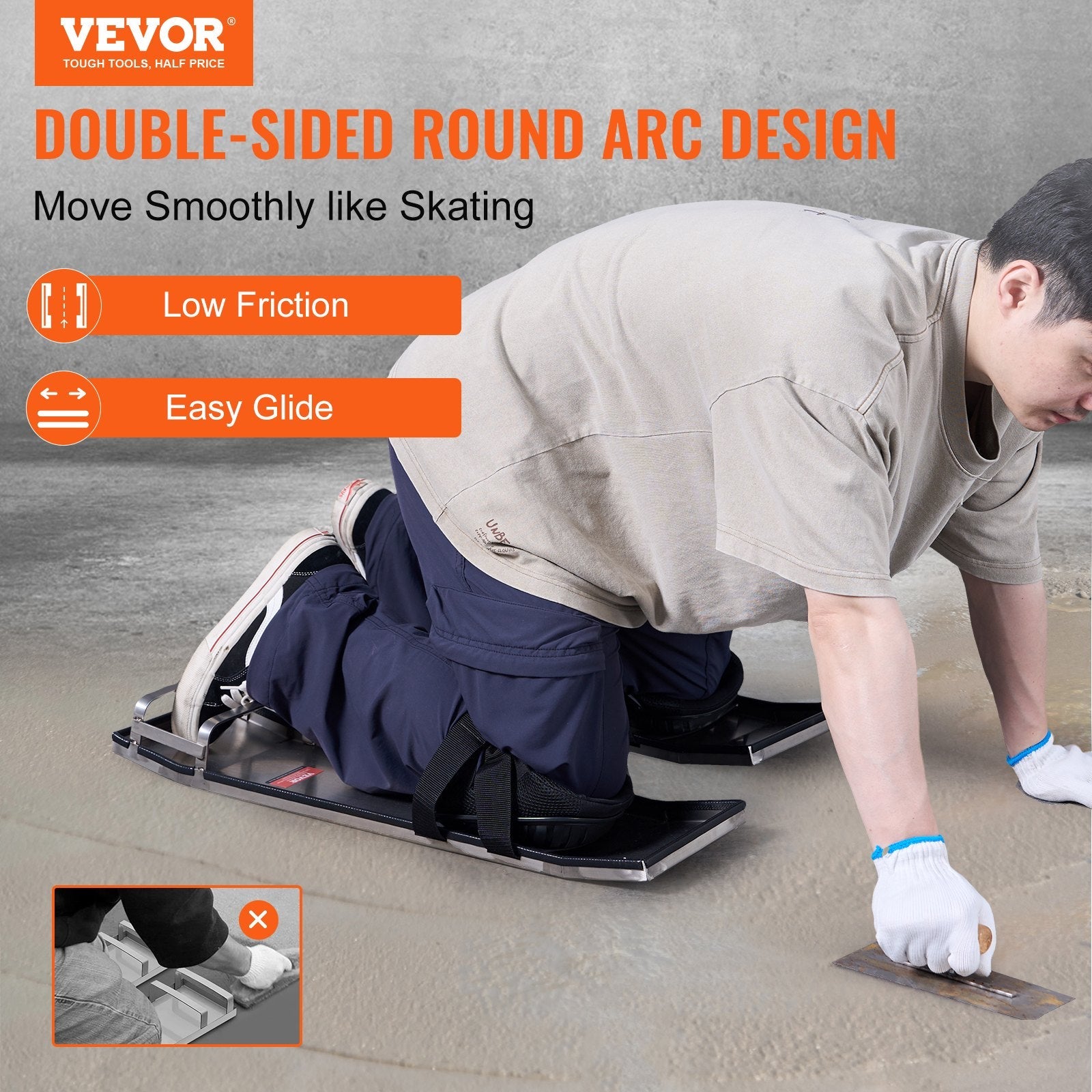VEVOR Concrete Knee Boards Stainless Steel, 28'' x 8'' Concrete Sliders, Knee Boards For Concrete, Concrete Knee Pads Pair Moving Sliders, with Board Straps for Cement and Concrete Finishing 