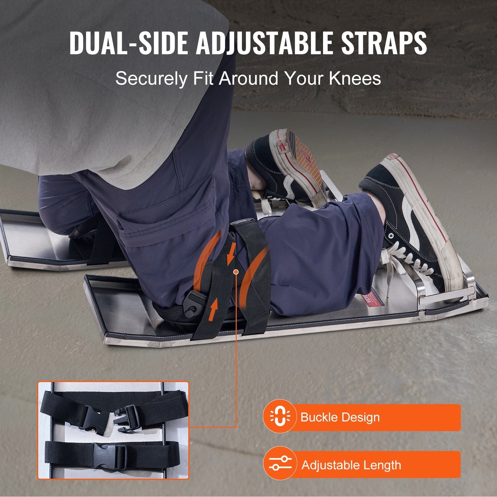 VEVOR Concrete Knee Boards Stainless Steel, 28'' x 8'' Concrete Sliders, Knee Boards For Concrete, Concrete Knee Pads Pair Moving Sliders, with Board Straps for Cement and Concrete Finishing 