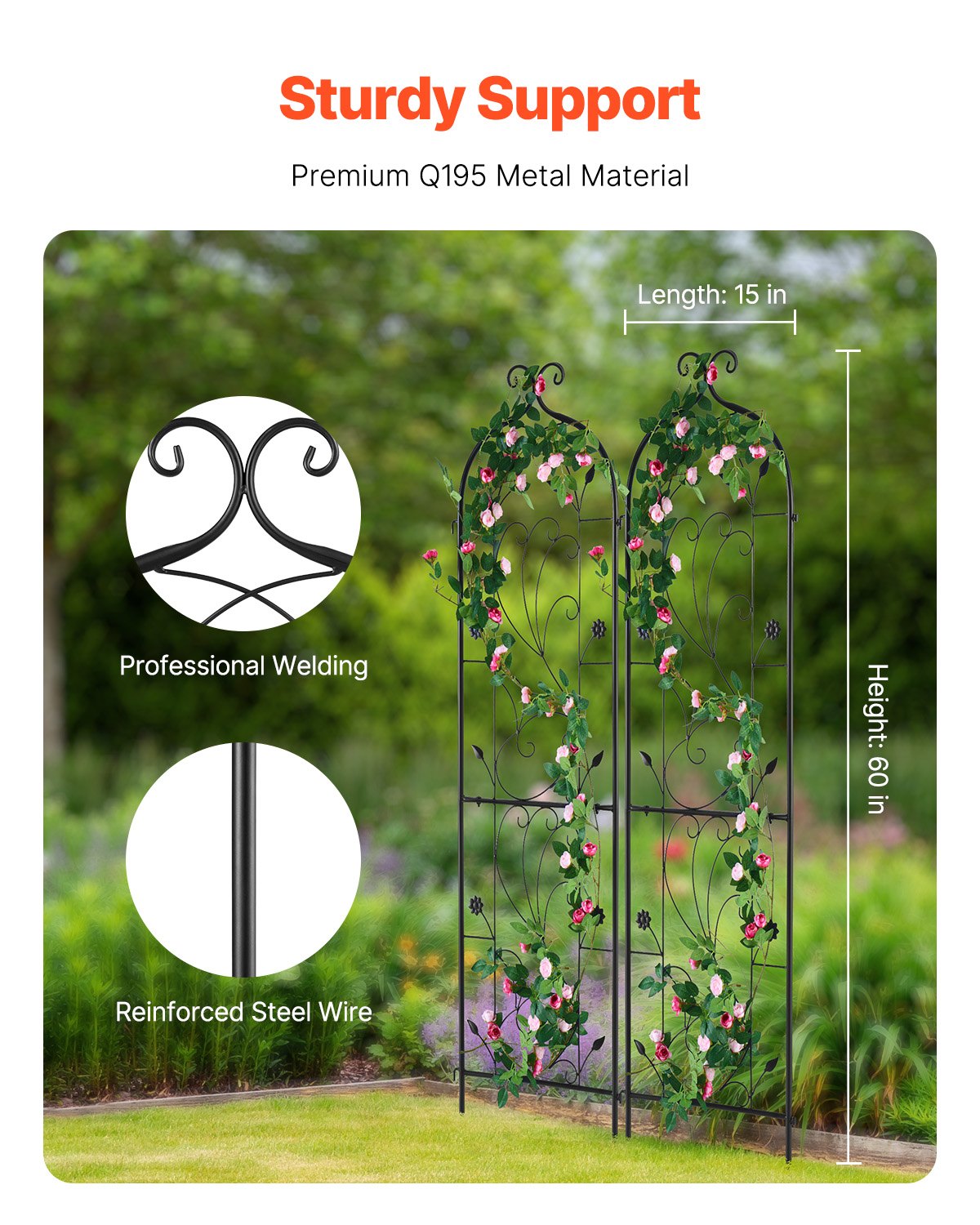 VEVOR 2 Packs Metal Garden Trellis for Climbing Plant Support 60x15 in Rustproof 