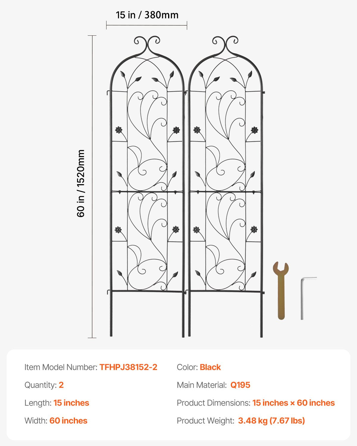 VEVOR 2 Packs Metal Garden Trellis for Climbing Plant Support 60x15 in Rustproof 