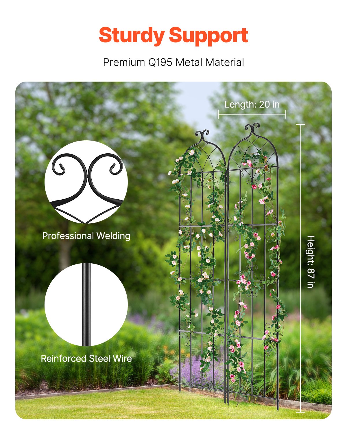 VEVOR 2 Packs Metal Garden Trellis for Climbing Plant Support 87x20 in Rustproof 