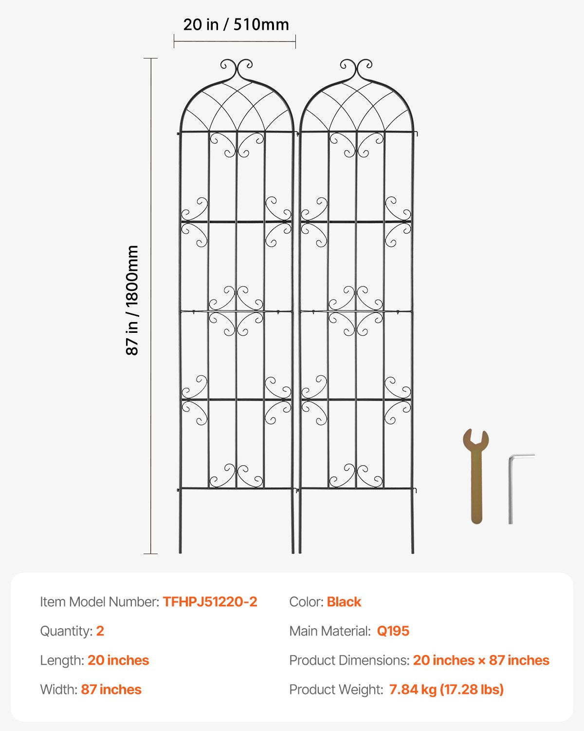 VEVOR 2 Packs Metal Garden Trellis for Climbing Plant Support 87x20 in Rustproof 