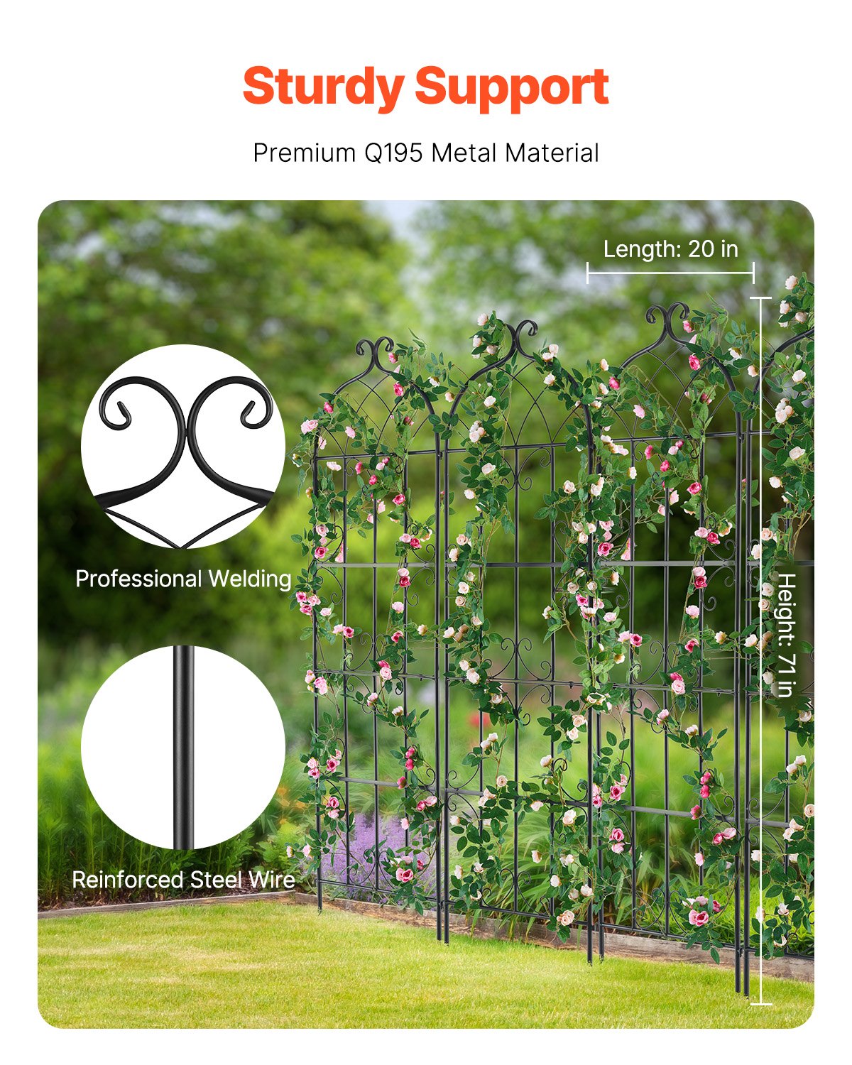 VEVOR 4 Packs Metal Garden Trellis for Climbing Plant Support 71x20 in Rustproof 
