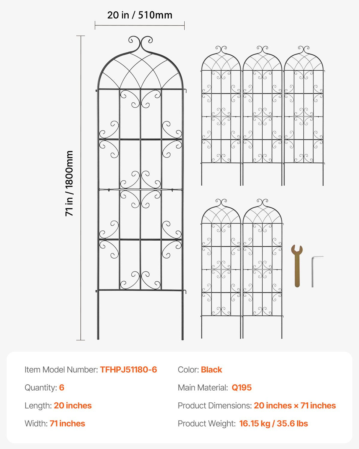 VEVOR 4 Packs Metal Garden Trellis for Climbing Plant Support 71x20 in Rustproof 