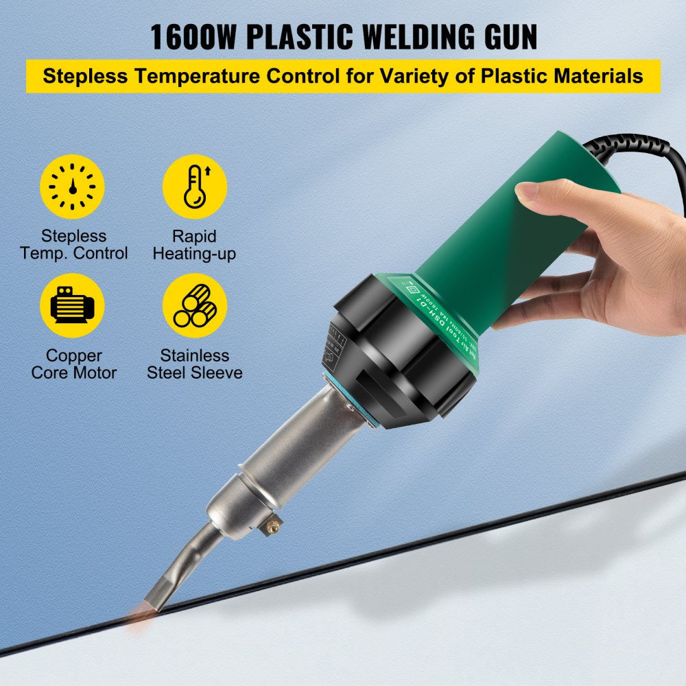 VEVOR Roofing Welder, 4 Pcs PVC Welding Gun, 1600W Hot Air Plastic Welder, 120V PVC Heat Gun, Plastic Welder w/ Mica Pipe Heating Core, Stepless Temperature Regulation 104-1112 °F Plastic Welder Kit 