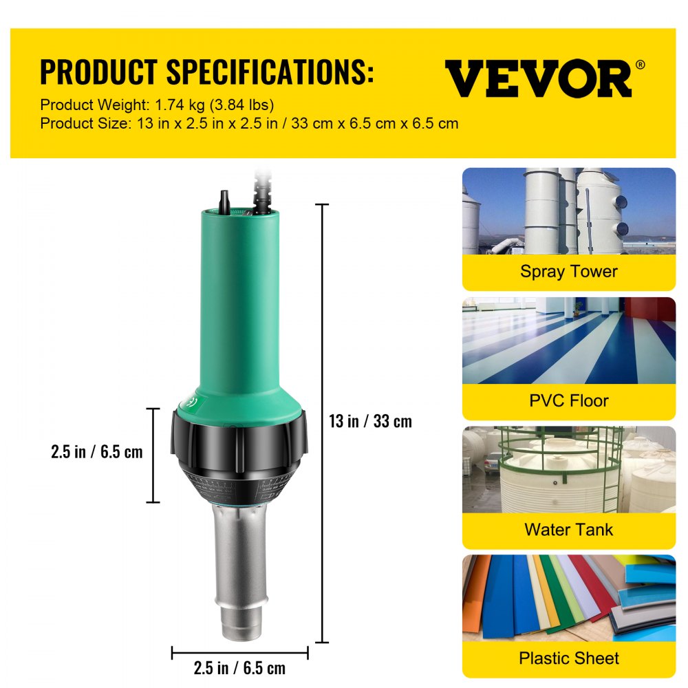VEVOR Roofing Welder, 4 Pcs PVC Welding Gun, 1600W Hot Air Plastic Welder, 120V PVC Heat Gun, Plastic Welder w/ Mica Pipe Heating Core, Stepless Temperature Regulation 104-1112 °F Plastic Welder Kit 