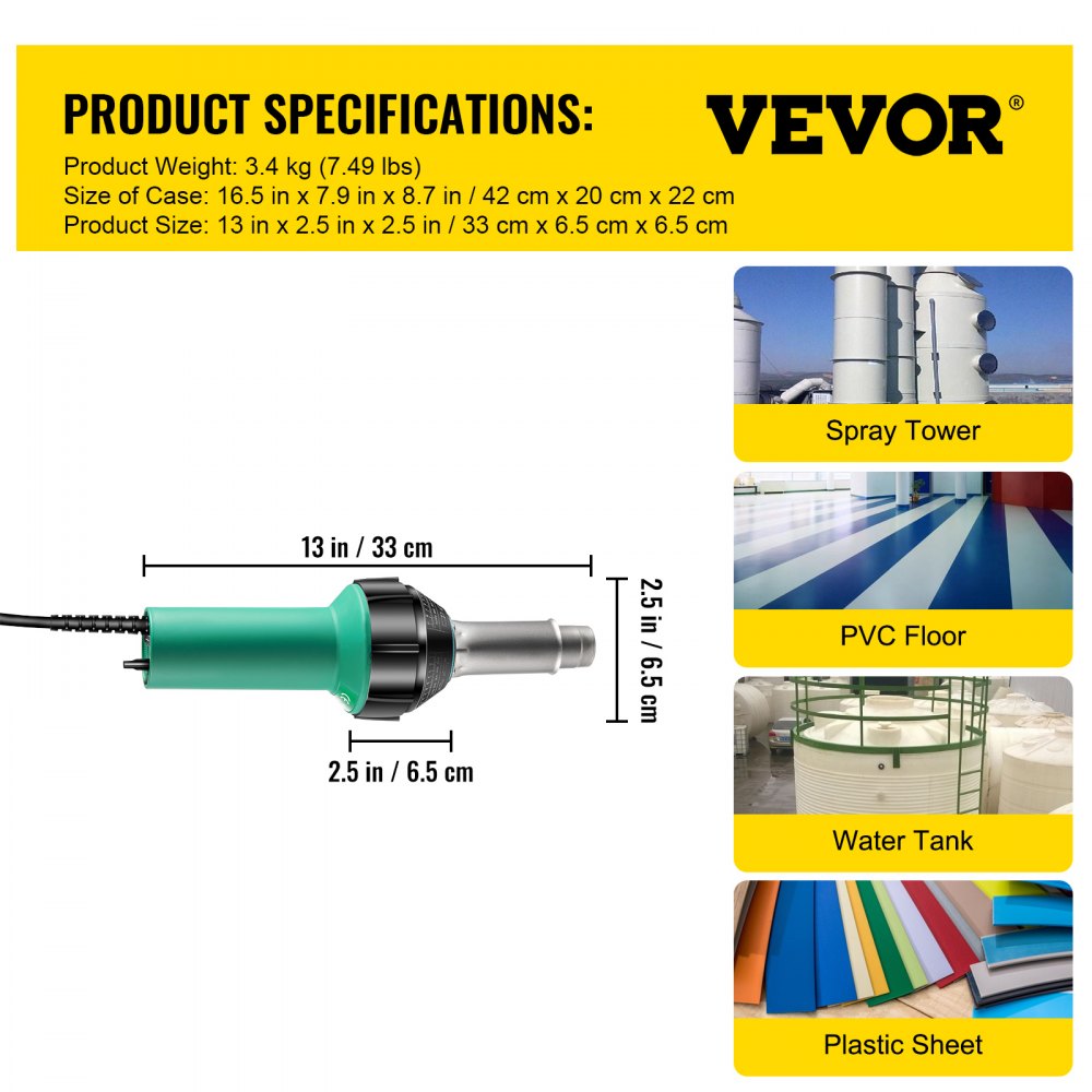 VEVOR Roofing Welder, 8 Pcs PVC Welding Gun, 1600W Pvc Welder With Case, 120V PVC Heat Gun, Plastic Welder w/ Mica Pipe Heating Core, Stepless Temperature Regulation 104-1112 °F Plastic Welder Kit 