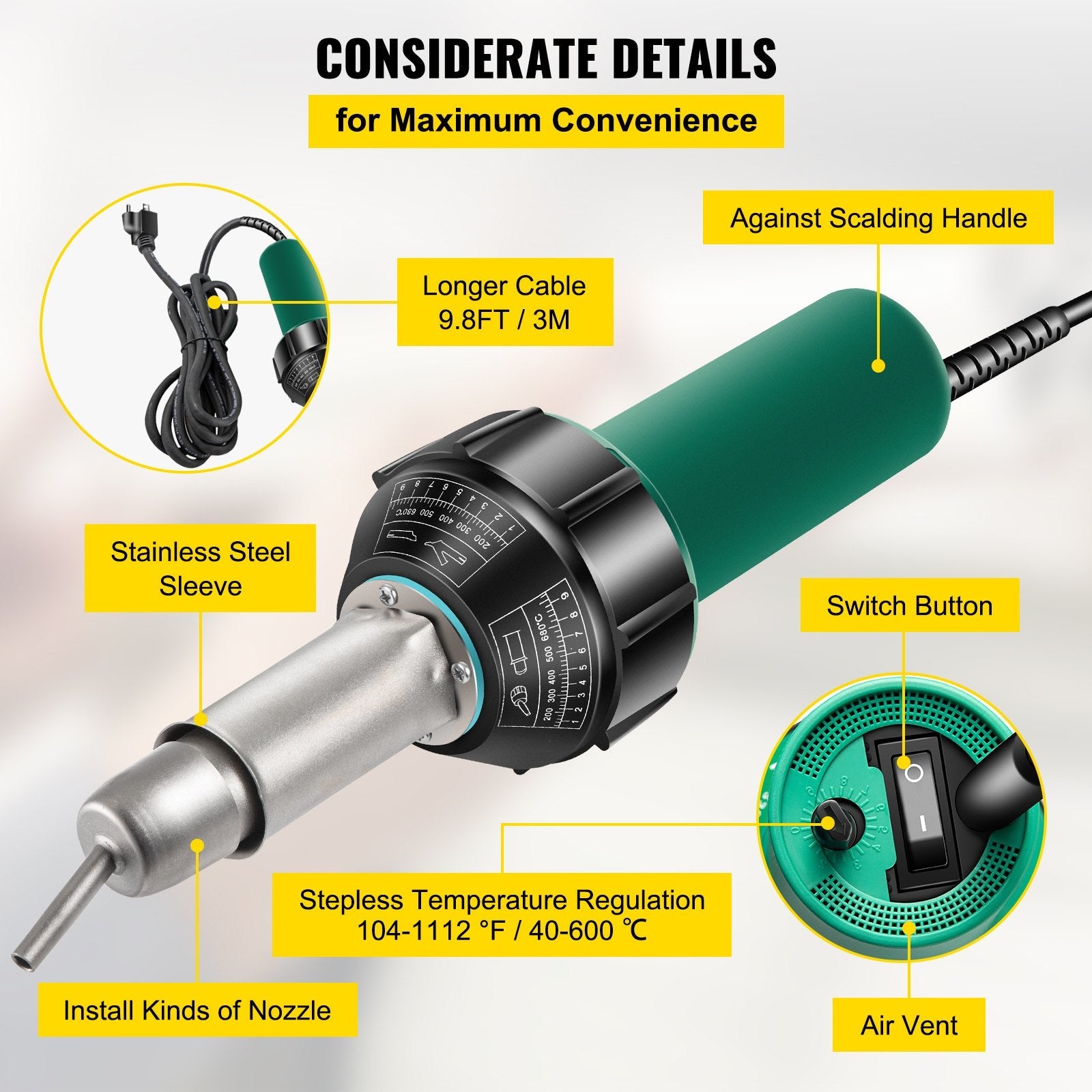 VEVOR Roofing Welder, 14 PCS PVC Welding Gun, 1600W PVC Welder With Case, 120V PVC Heat Gun, Plastic Welder w/ Mica Pipe Heating Core, Stepless Temperature Regulation 104-1112 °F Plastic Welder Kit 