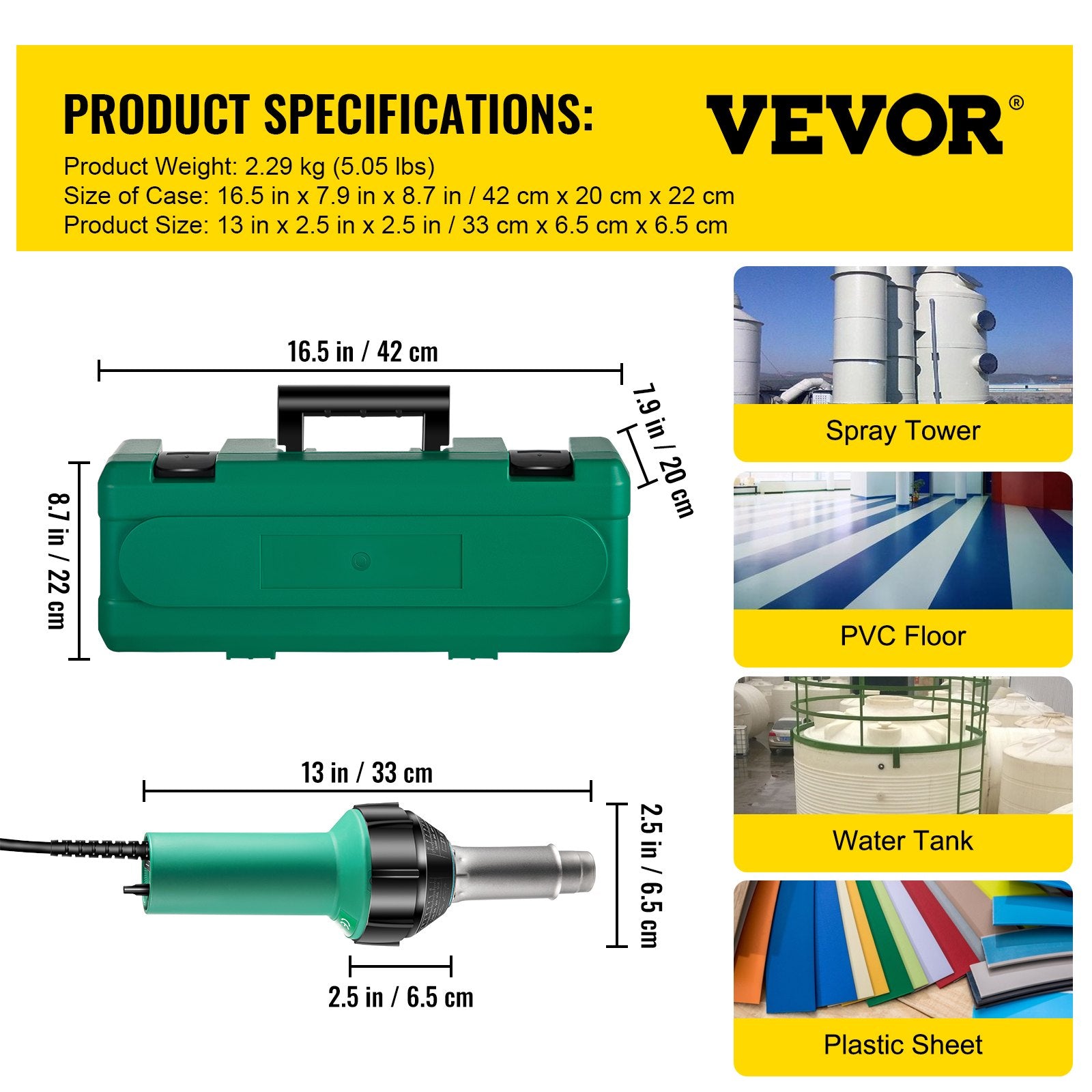 VEVOR Roofing Welder, 14 PCS PVC Welding Gun, 1600W PVC Welder With Case, 120V PVC Heat Gun, Plastic Welder w/ Mica Pipe Heating Core, Stepless Temperature Regulation 104-1112 °F Plastic Welder Kit 