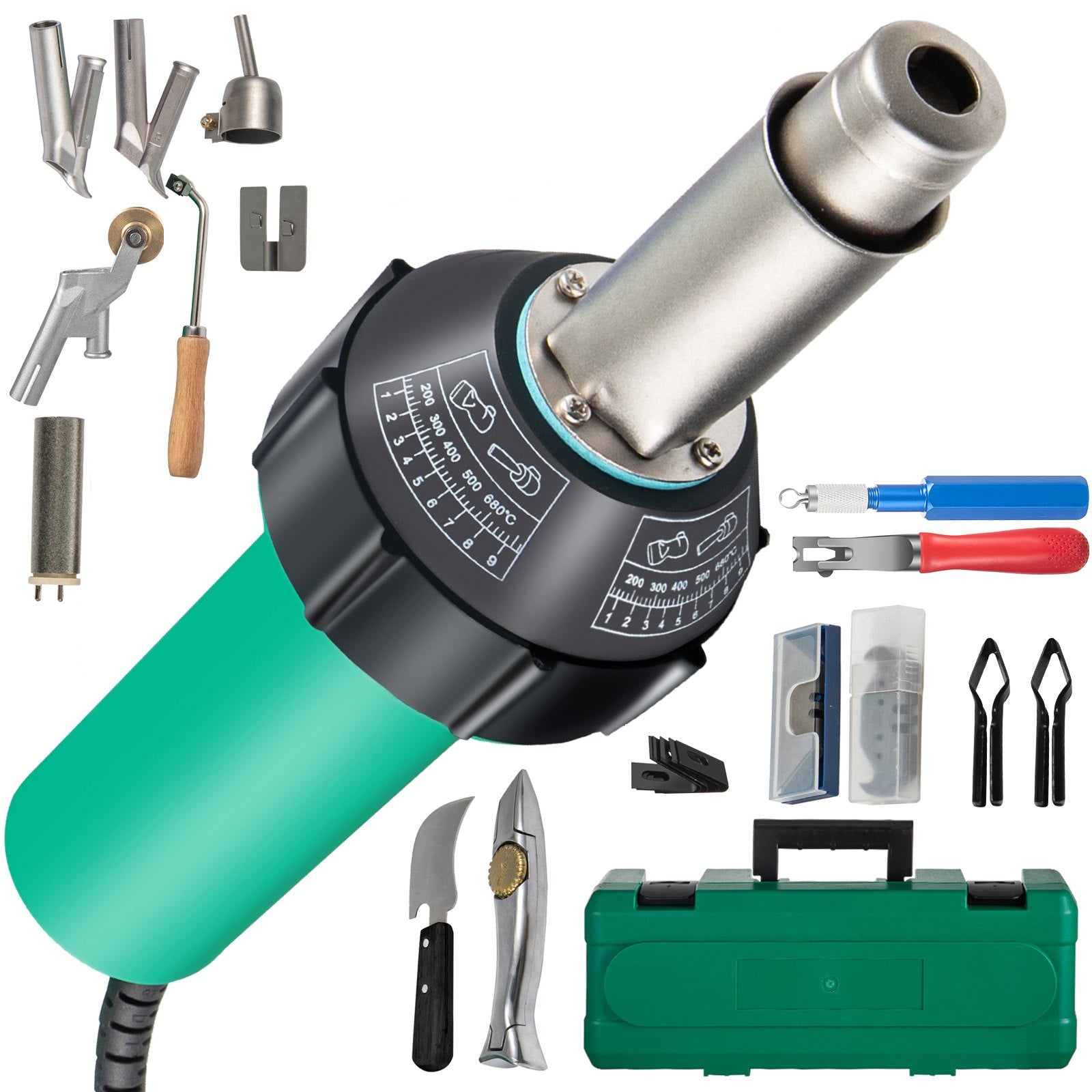 VEVOR Roofing Welder, 14 PCS PVC Welding Gun, 1600W PVC Welder With Case, 120V PVC Heat Gun, Plastic Welder w/ Mica Pipe Heating Core, Stepless Temperature Regulation 104-1112 °F Plastic Welder Kit 