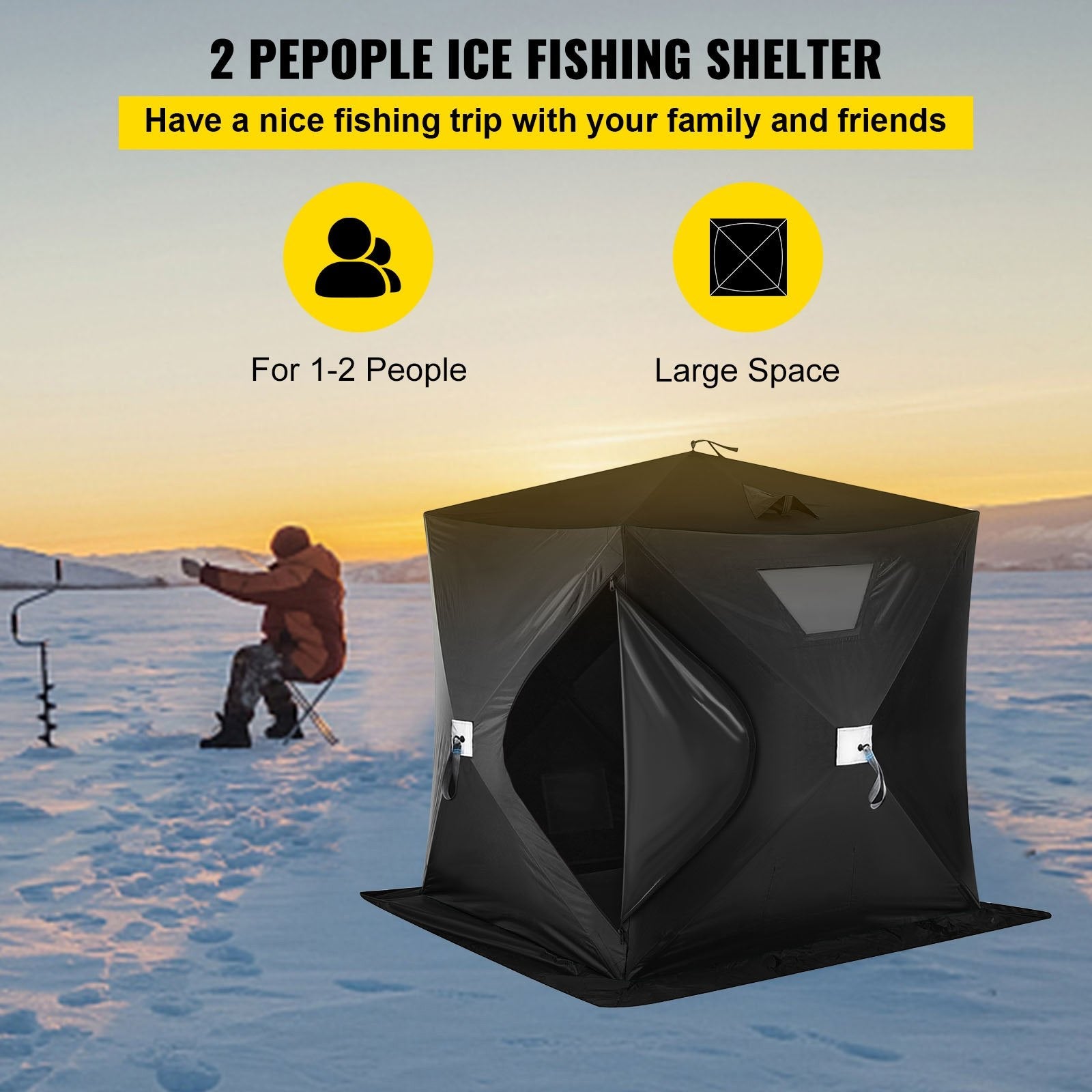 VEVOR 2-3 Person Ice Fishing Shelter Tent, 300D Oxford Fabric Portable Ice Shelter with Pop-up Pull Design, Strong Waterproof and Windproof Ice Fish Shelter for Outdoor Fishing, Black 