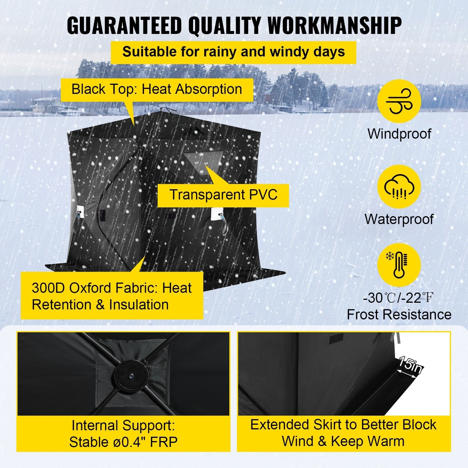 VEVOR 2-3 Person Ice Fishing Shelter Tent, 300D Oxford Fabric Portable Ice Shelter with Pop-up Pull Design, Strong Waterproof and Windproof Ice Fish Shelter for Outdoor Fishing, Black 