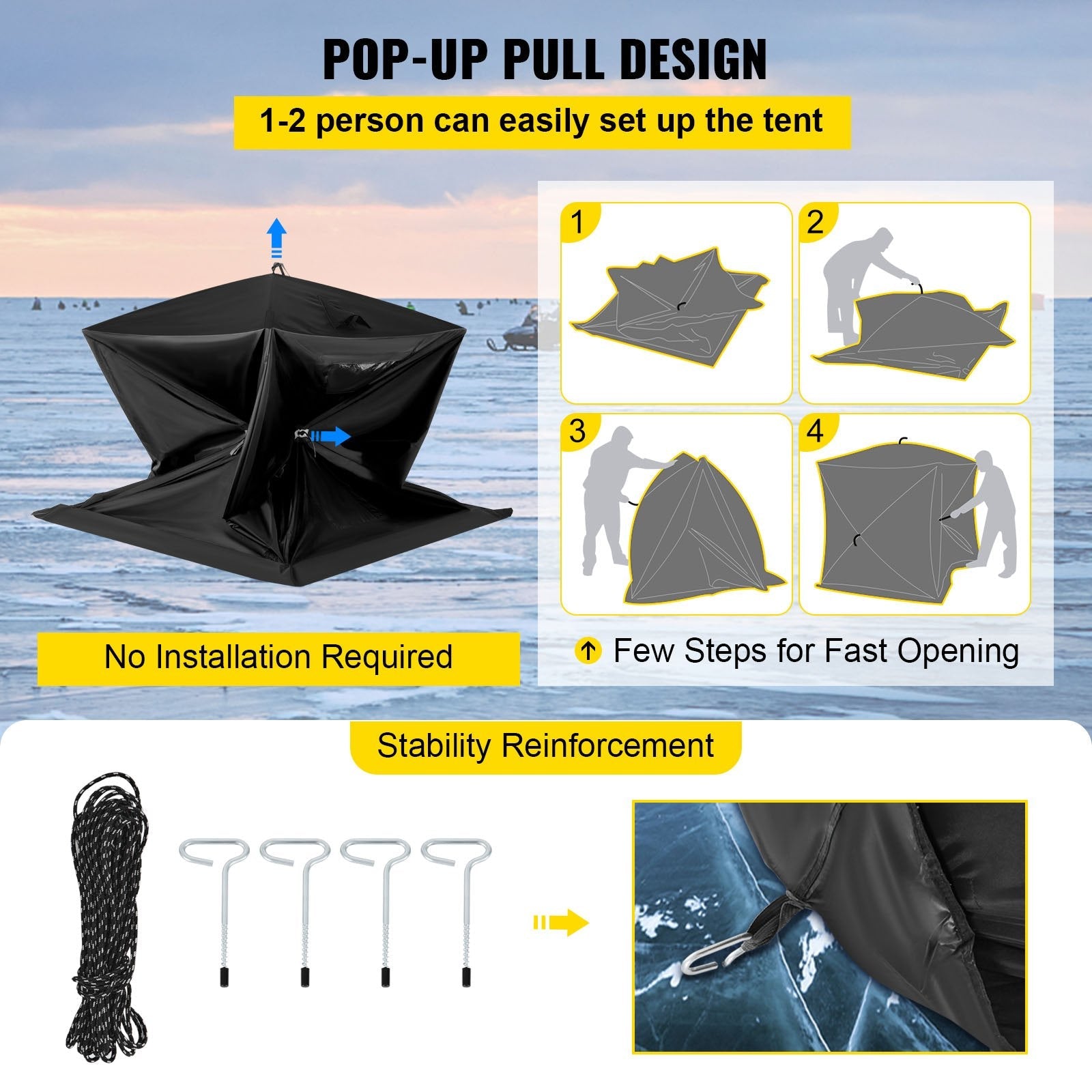 VEVOR 2-3 Person Ice Fishing Shelter Tent, 300D Oxford Fabric Portable Ice Shelter with Pop-up Pull Design, Strong Waterproof and Windproof Ice Fish Shelter for Outdoor Fishing, Black 