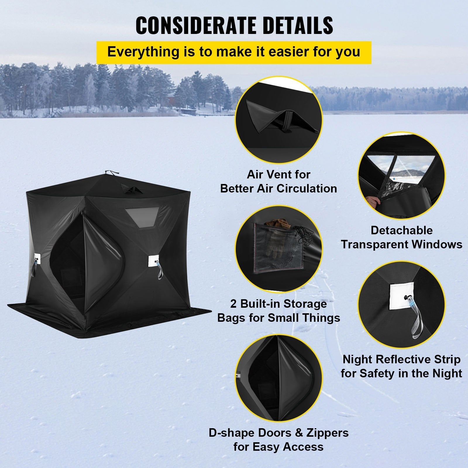 VEVOR 2-3 Person Ice Fishing Shelter Tent, 300D Oxford Fabric Portable Ice Shelter with Pop-up Pull Design, Strong Waterproof and Windproof Ice Fish Shelter for Outdoor Fishing, Black 