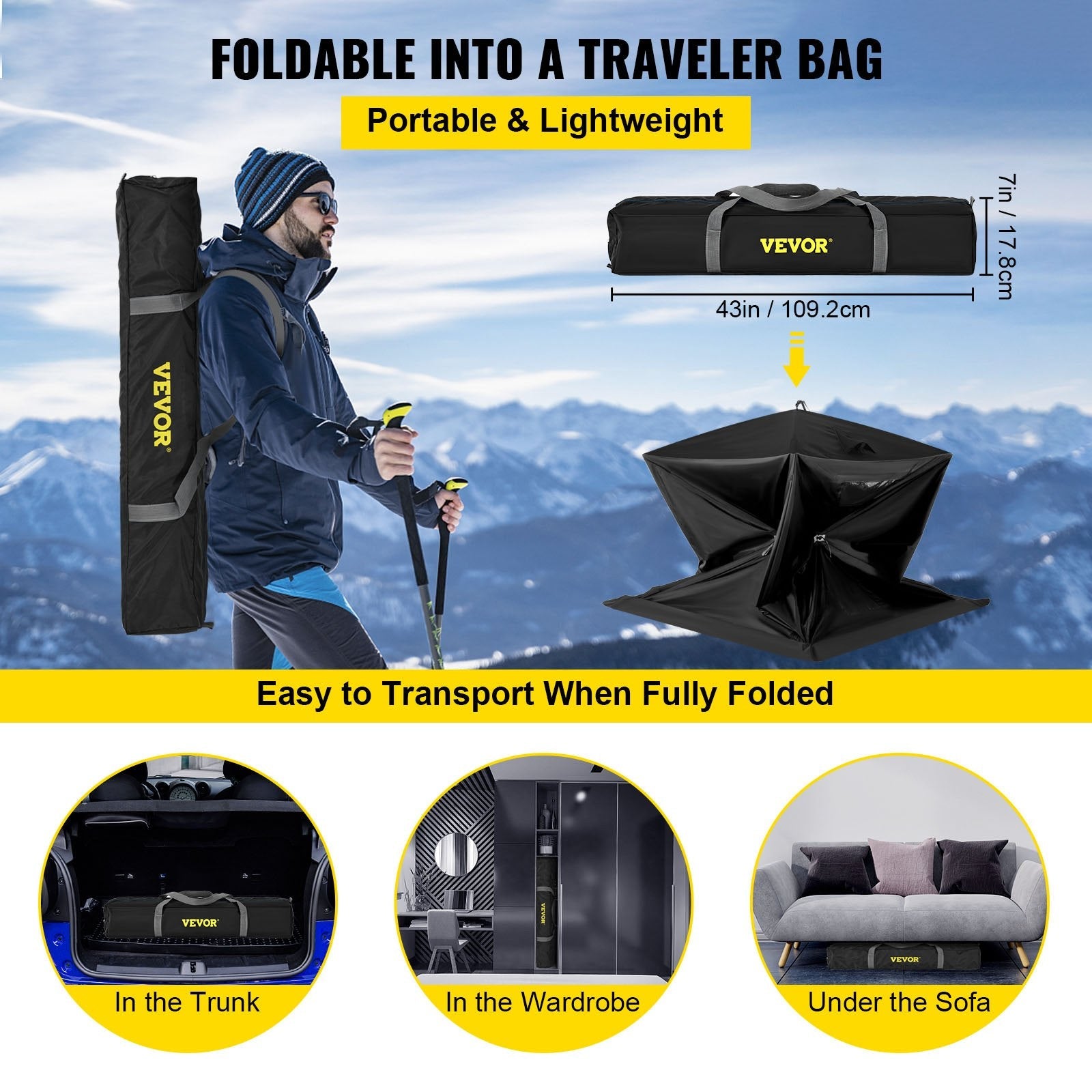 VEVOR 2-3 Person Ice Fishing Shelter Tent, 300D Oxford Fabric Portable Ice Shelter with Pop-up Pull Design, Strong Waterproof and Windproof Ice Fish Shelter for Outdoor Fishing, Black 