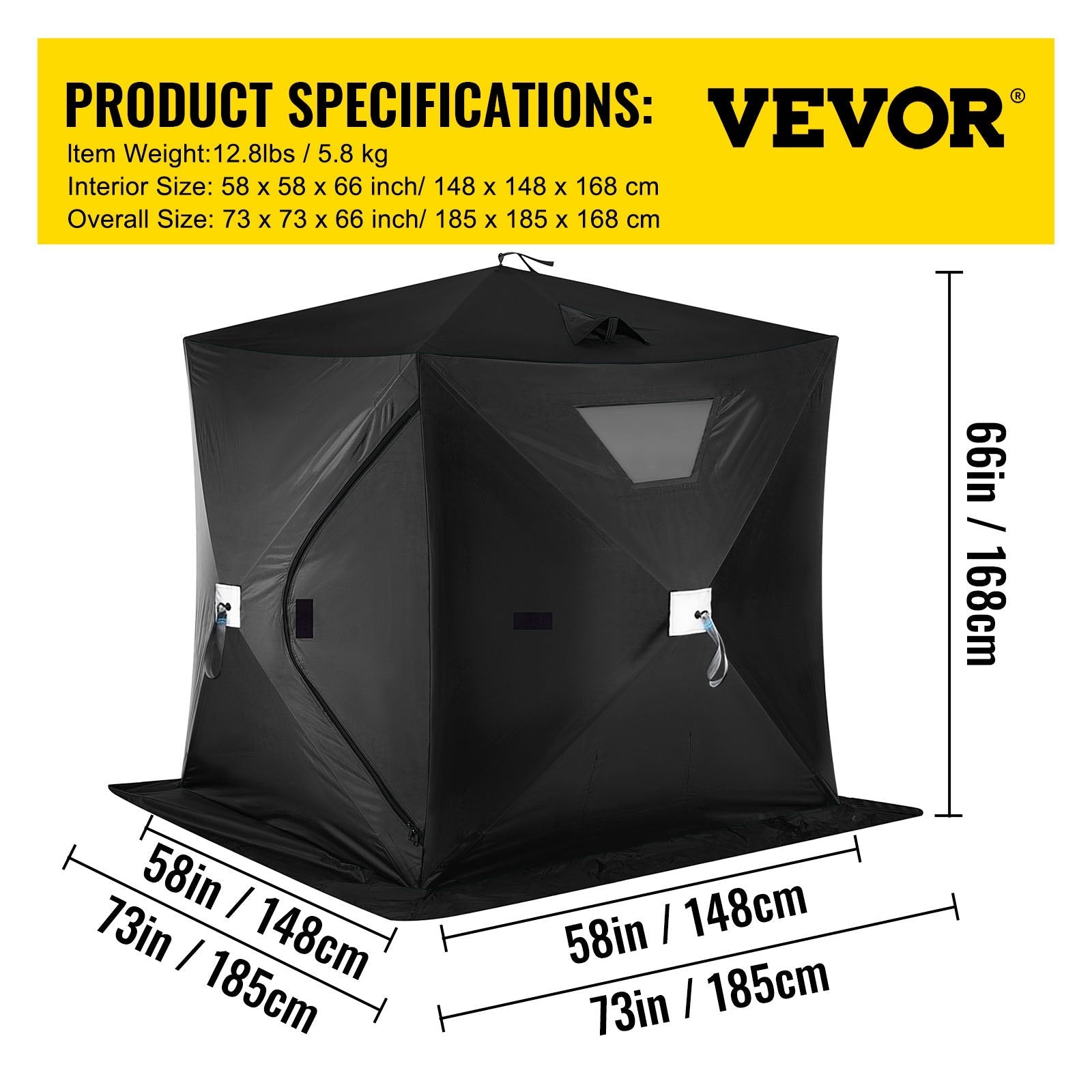 VEVOR 2-3 Person Ice Fishing Shelter Tent, 300D Oxford Fabric Portable Ice Shelter with Pop-up Pull Design, Strong Waterproof and Windproof Ice Fish Shelter for Outdoor Fishing, Black 