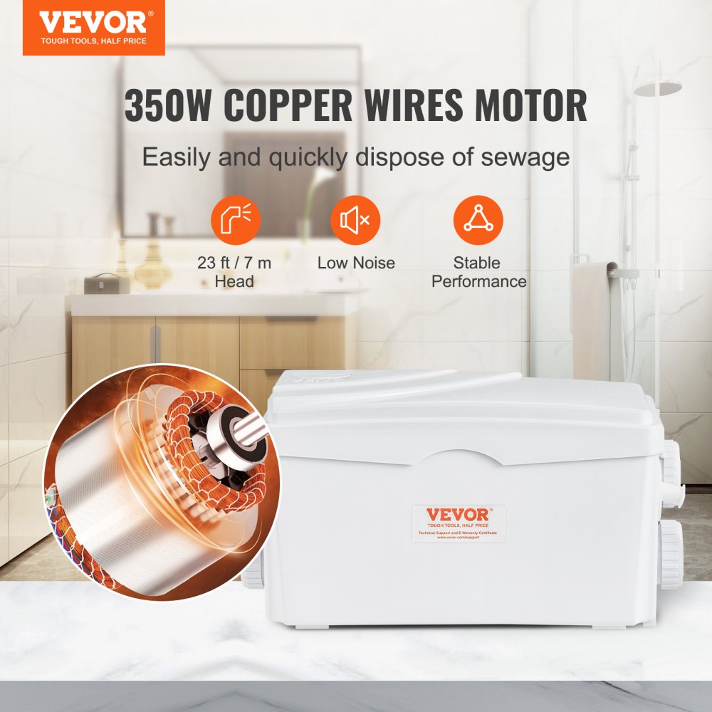 VEVOR Macerator Pump, 350W, 6000 L/h Flow, 23 ft/7 m Head, Macerator Sewerage Sump Pump with 3 Water Inlets for Basement, Kitchen, Sink, Shower, Bathtub, Laundry Waste Water Disposal Upflush Machine 