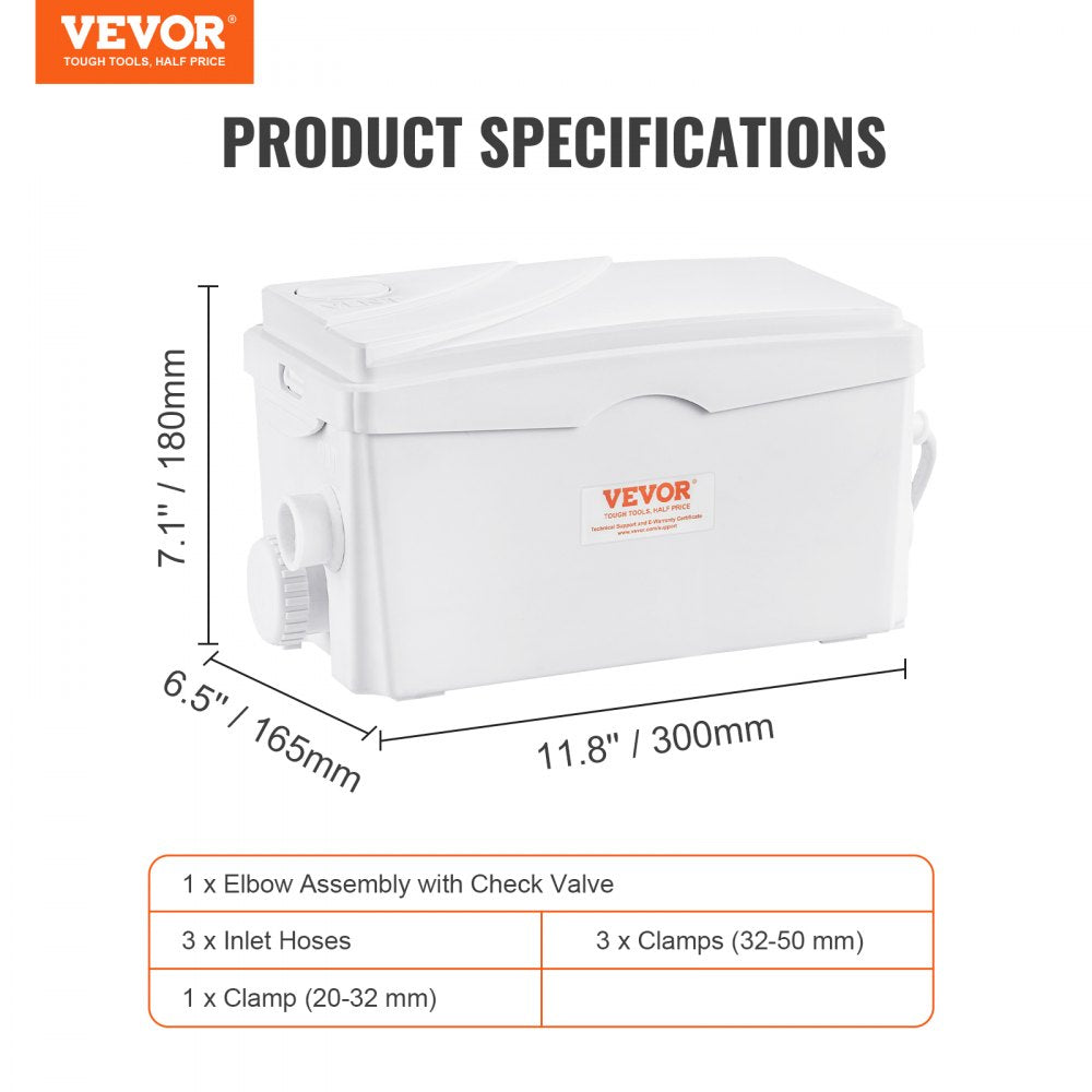 VEVOR Macerator Pump, 350W, 6000 L/h Flow, 23 ft/7 m Head, Macerator Sewerage Sump Pump with 3 Water Inlets for Basement, Kitchen, Sink, Shower, Bathtub, Laundry Waste Water Disposal Upflush Machine 