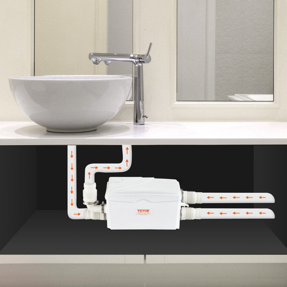 VEVOR Macerator Pump, 350W, 6000 L/h Flow, 23 ft/7 m Head, Macerator Sewerage Sump Pump with 3 Water Inlets for Basement, Kitchen, Sink, Shower, Bathtub, Laundry Waste Water Disposal Upflush Machine 