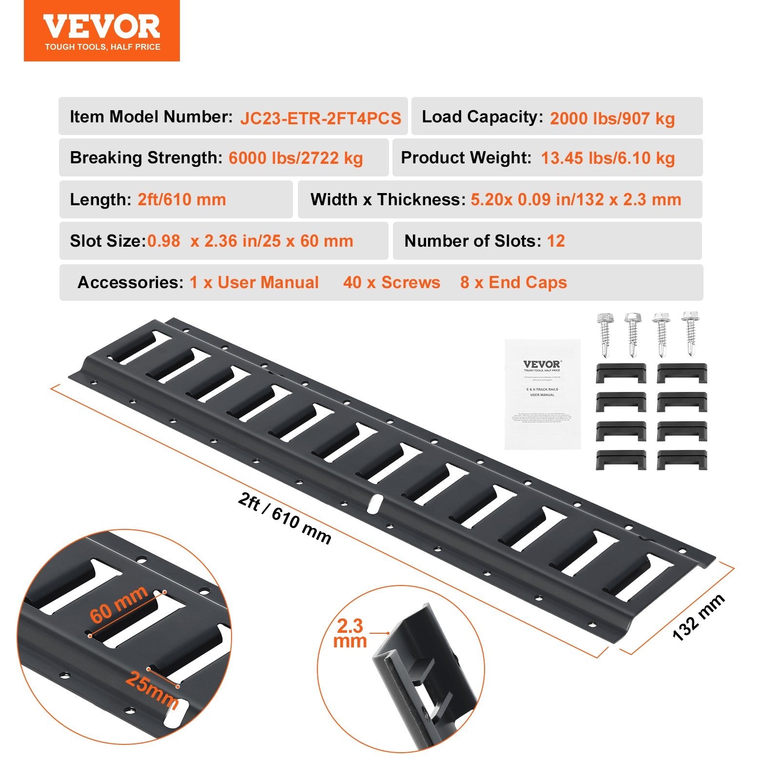 VEVOR E Track Tie Down Rail Kit, 2' Steel Rails, 4 Pack, Secure Cargo & Heavy Loads Up to 2000 lbs, Heavy Duty Etrack Rails with Screws for Garages, Vans, Trailers, Motorcycle Tie Downs, ATV Mountings 