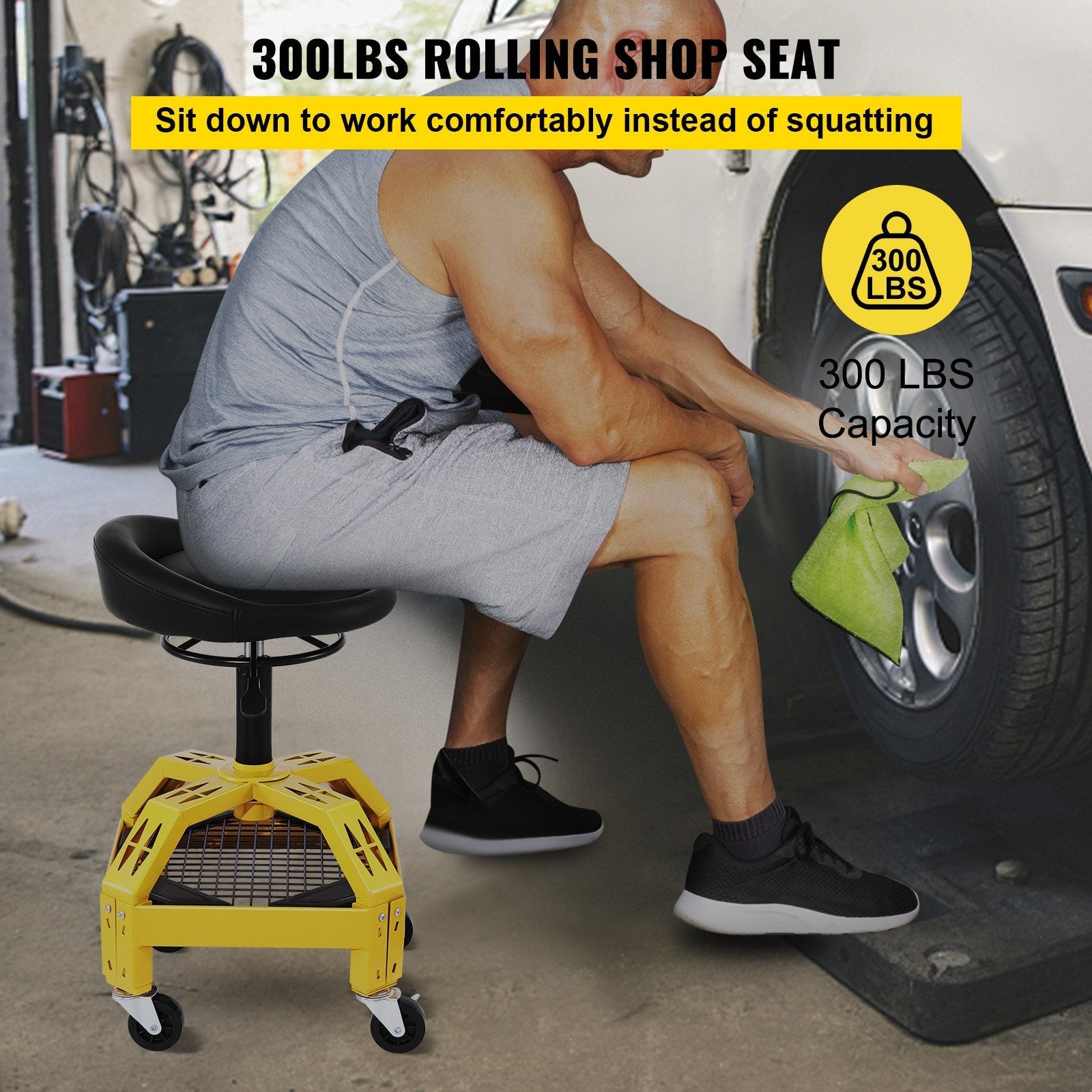 VEVOR Rolling Garage Stool, 300LBS Capacity, Adjustable Height from 24 in to 28.7 in, Mechanic Seat with 360-degree Swivel Wheels and Tool Tray, for Workshop, Auto Repair Shop, Yellow 