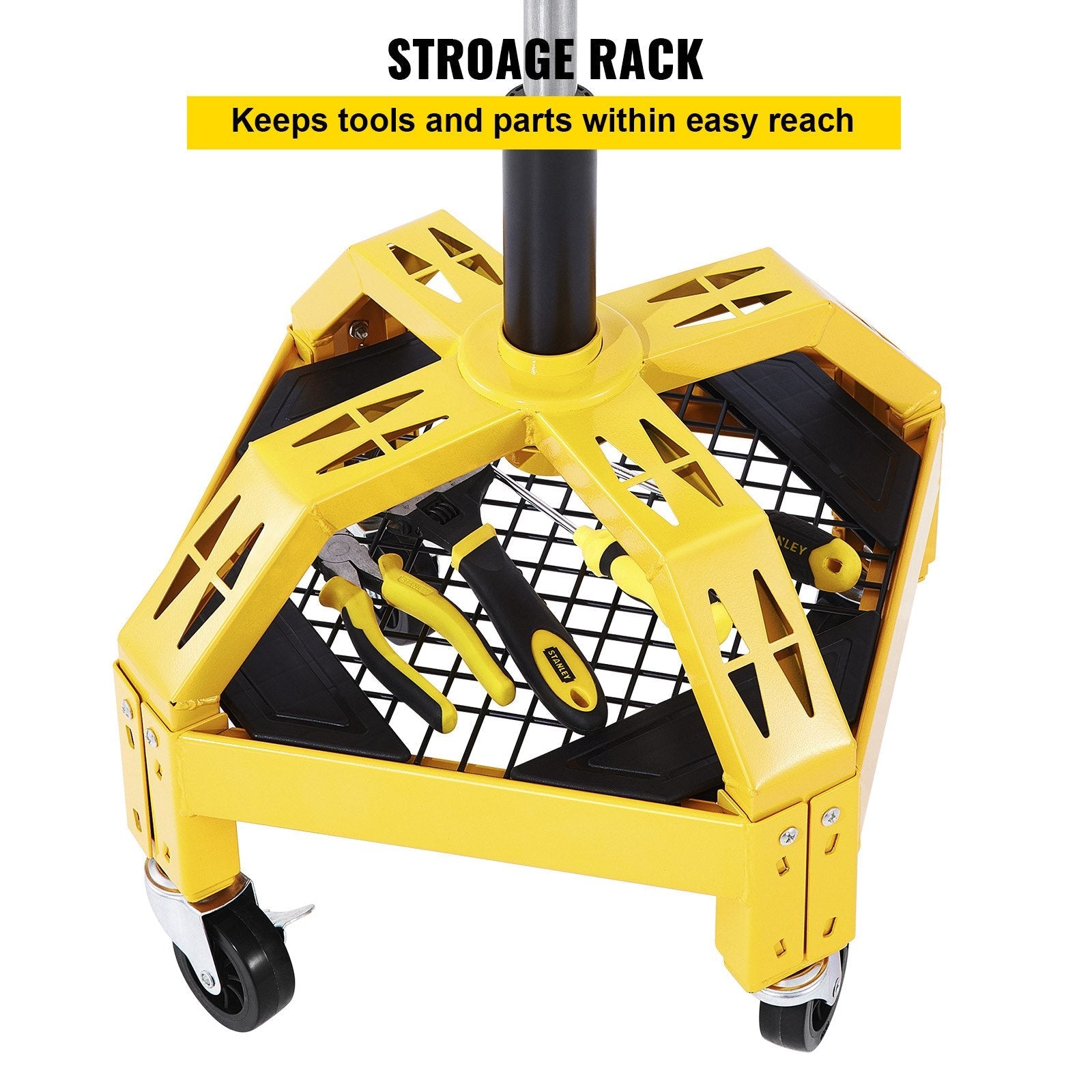 VEVOR Rolling Garage Stool, 300LBS Capacity, Adjustable Height from 24 in to 28.7 in, Mechanic Seat with 360-degree Swivel Wheels and Tool Tray, for Workshop, Auto Repair Shop, Yellow 