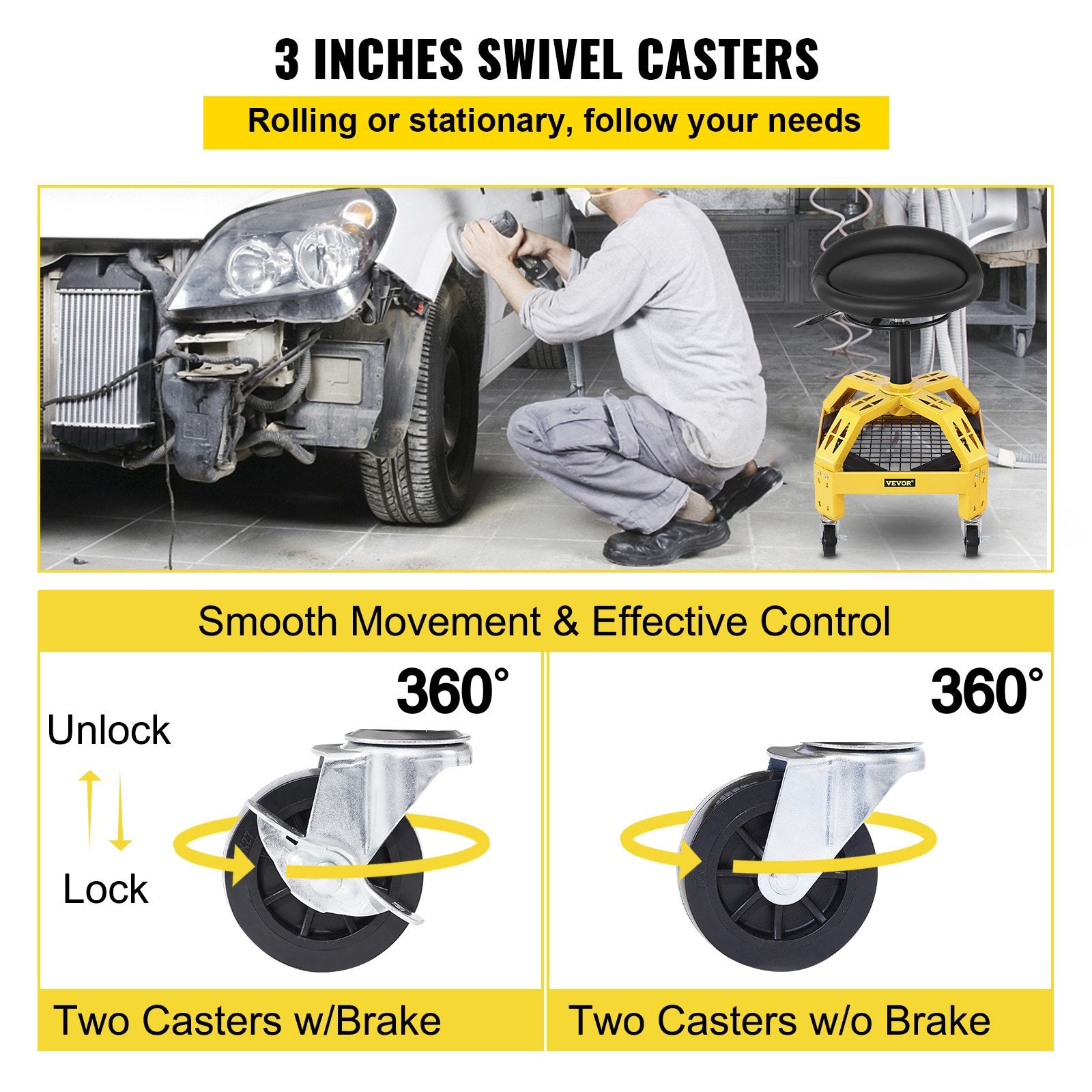 VEVOR Rolling Garage Stool, 300LBS Capacity, Adjustable Height from 24 in to 28.7 in, Mechanic Seat with 360-degree Swivel Wheels and Tool Tray, for Workshop, Auto Repair Shop, Yellow 