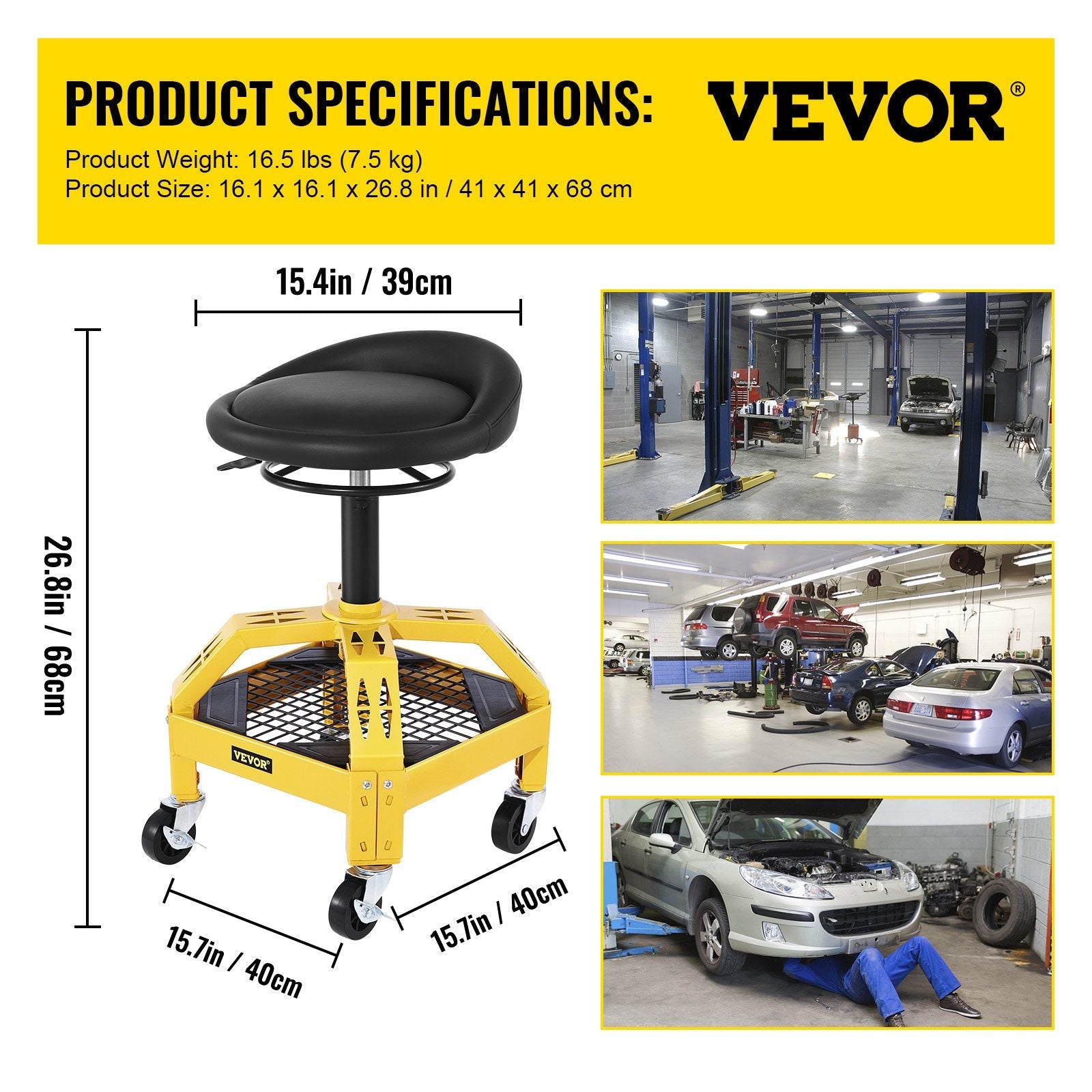 VEVOR Rolling Garage Stool, 300LBS Capacity, Adjustable Height from 24 in to 28.7 in, Mechanic Seat with 360-degree Swivel Wheels and Tool Tray, for Workshop, Auto Repair Shop, Yellow 