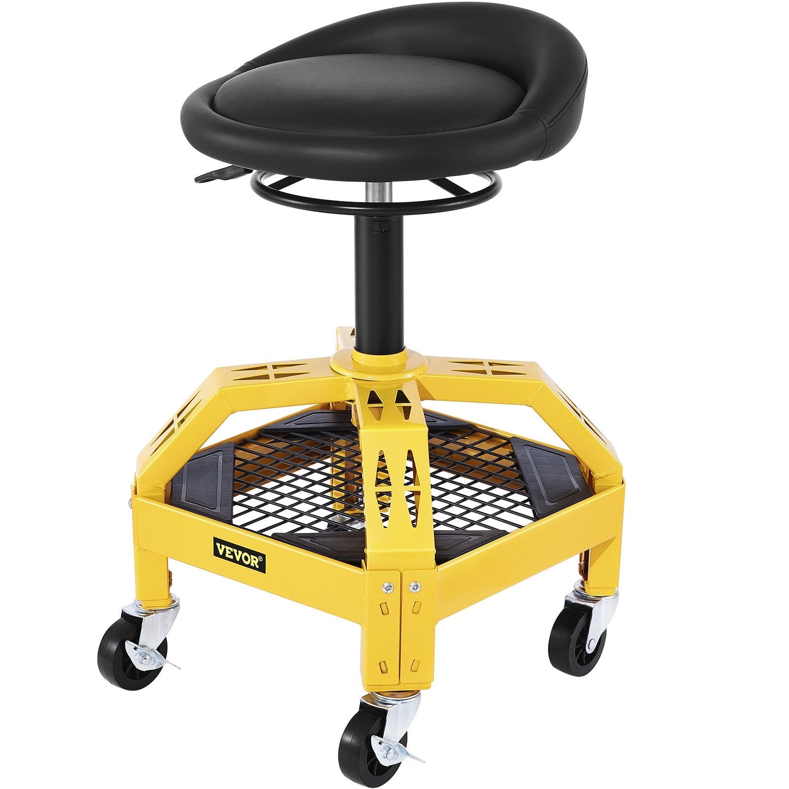 VEVOR Rolling Garage Stool, 300LBS Capacity, Adjustable Height from 24 in to 28.7 in, Mechanic Seat with 360-degree Swivel Wheels and Tool Tray, for Workshop, Auto Repair Shop, Yellow 
