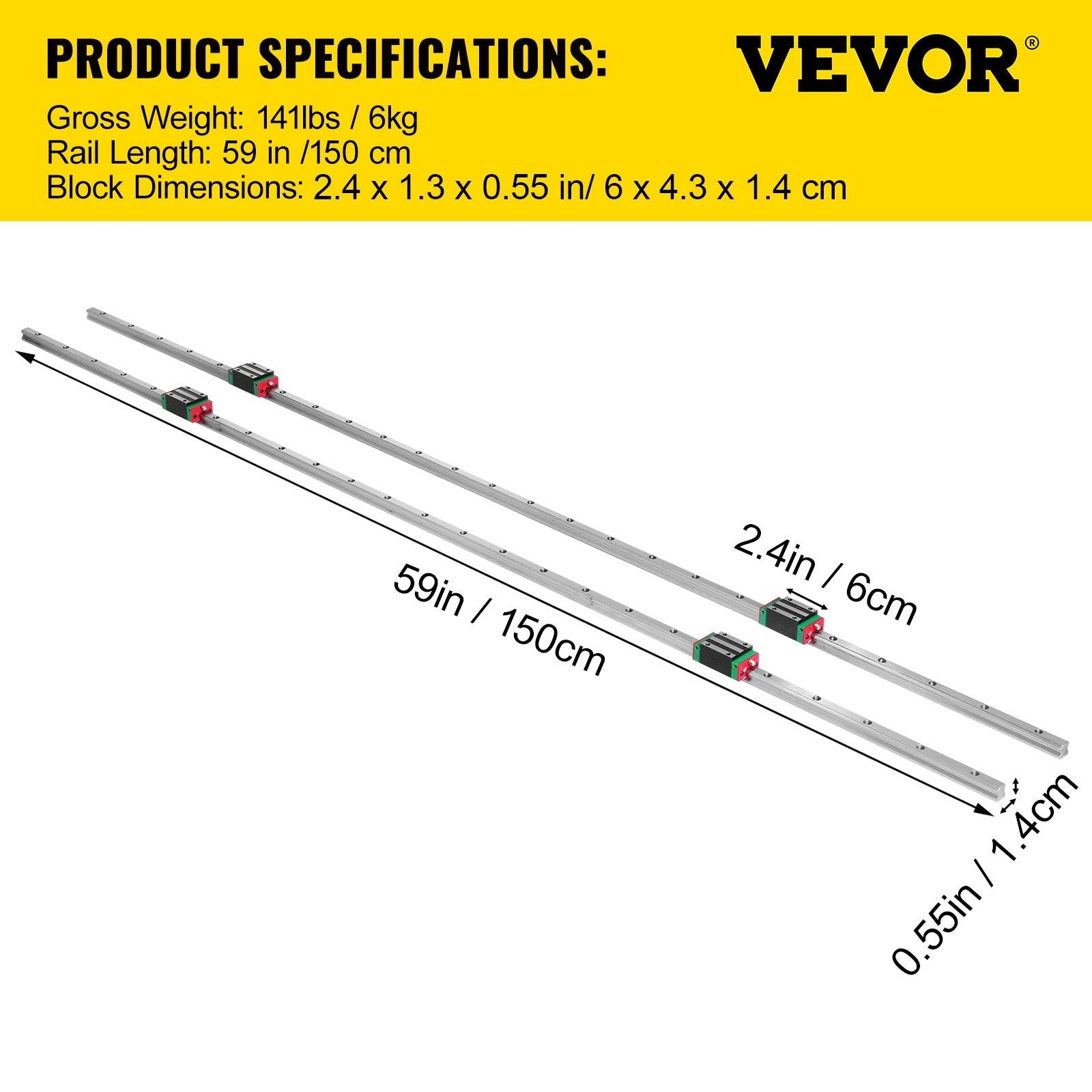 VEVOR 2 x HSR 15-1500 mm Linear Guideway Rail with 4Pcs Pillow Block Carriage Bearing Block for 15 mm Slotted Block Square Block Linear Rail Routers CNC Set 