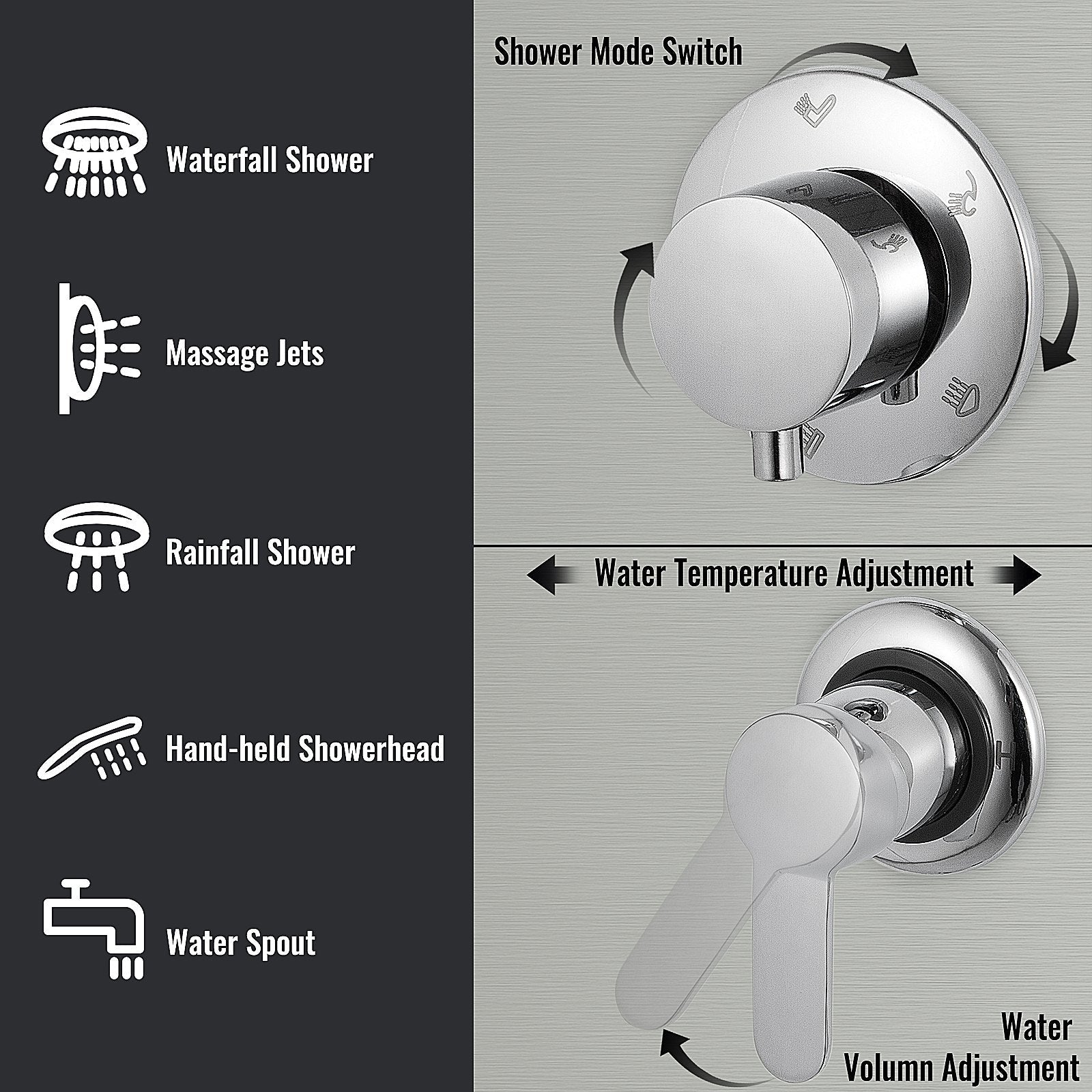 Multi-function Shower Panel Tower System With Spout Rainfall Waterfall Massage 