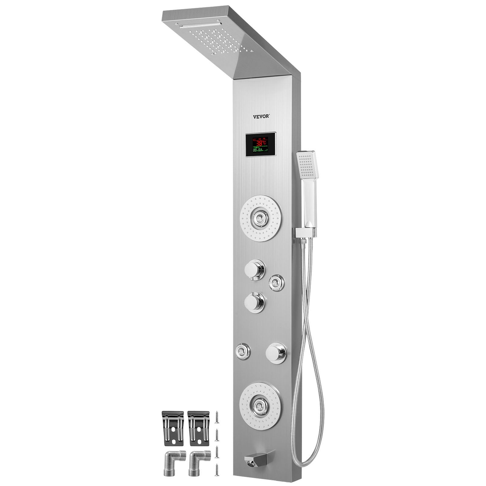 Happybuy 6 in 1 Shower Tower Panel Stainless Steel LED Display Wall Mounted Shower Panel System Panel Rainfall Massage Jets Waterfall Bathroom Shower Tower (Silver Color) 