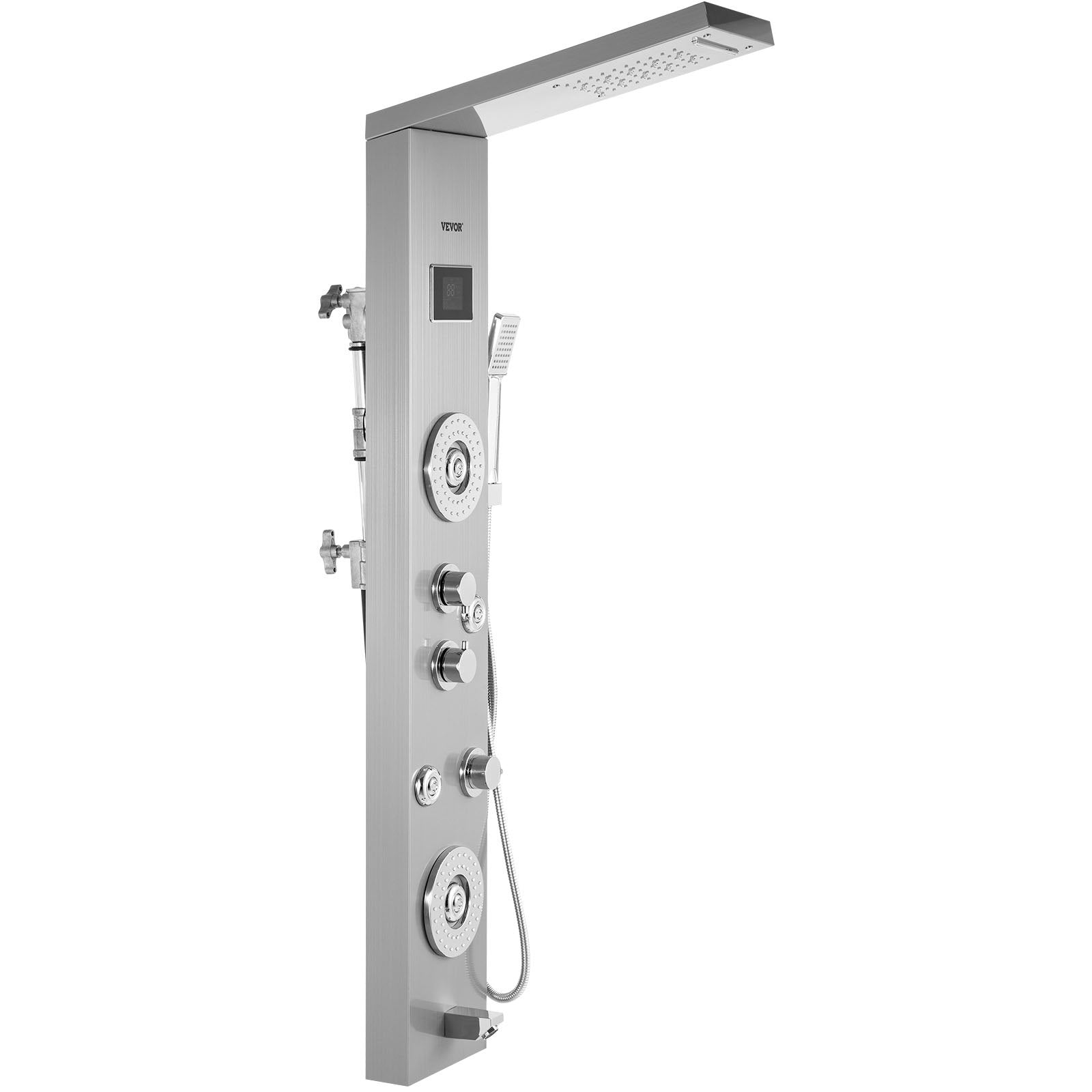 Happybuy 6 in 1 Shower Tower Panel Stainless Steel LED Display Wall Mounted Shower Panel System Panel Rainfall Massage Jets Waterfall Bathroom Shower Tower (Silver Color) 