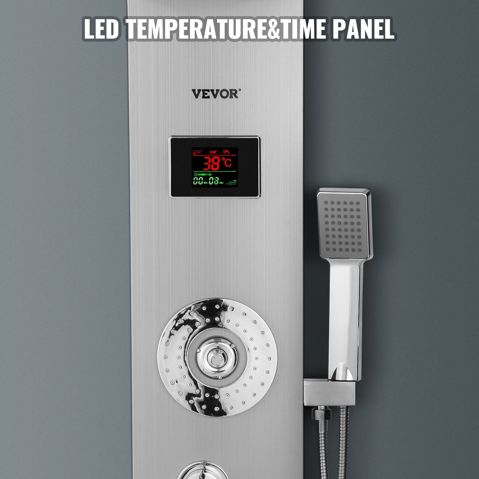 Happybuy 6 in 1 Shower Tower Panel Stainless Steel LED Display Wall Mounted Shower Panel System Panel Rainfall Massage Jets Waterfall Bathroom Shower Tower (Silver Color) 