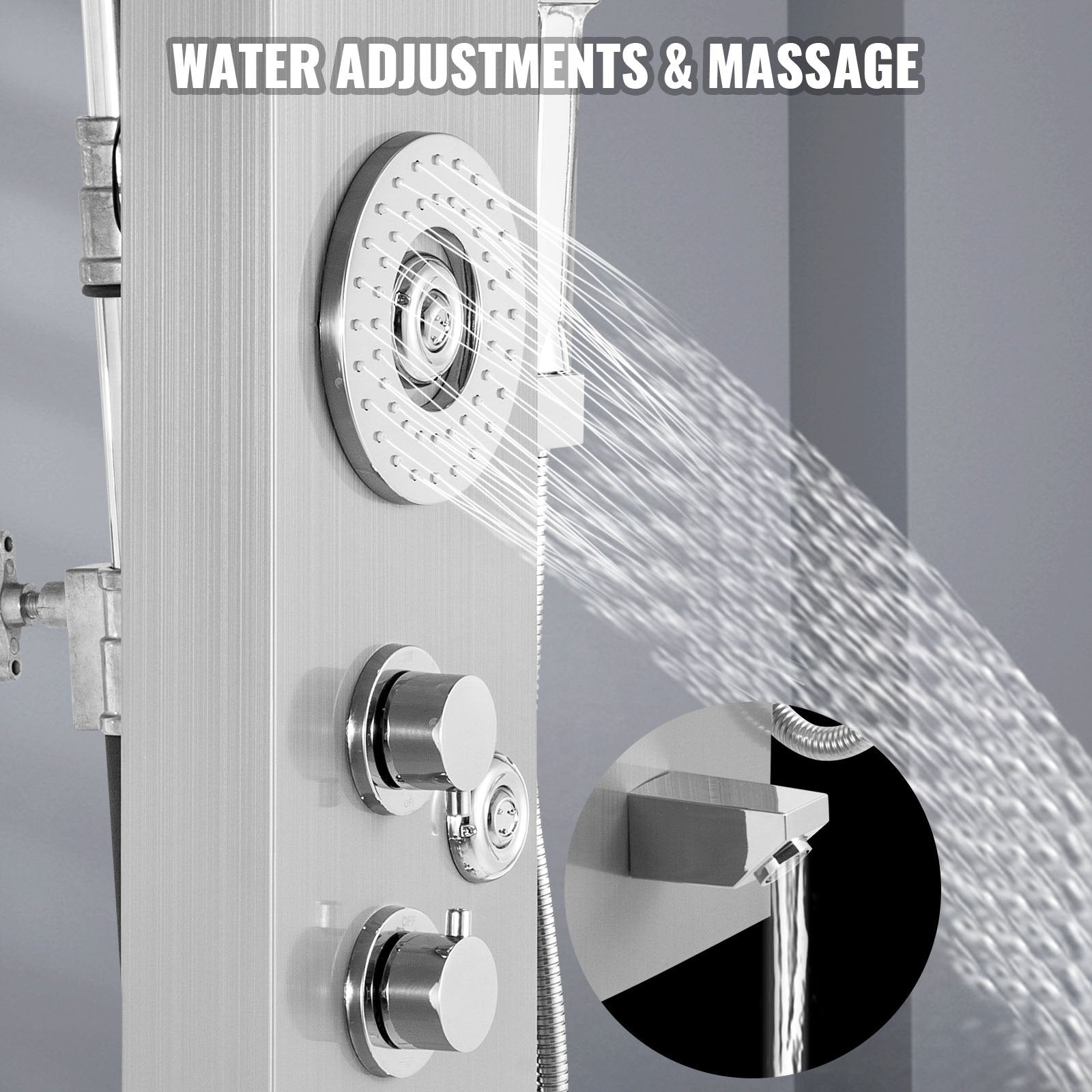Happybuy 6 in 1 Shower Tower Panel Stainless Steel LED Display Wall Mounted Shower Panel System Panel Rainfall Massage Jets Waterfall Bathroom Shower Tower (Silver Color) 