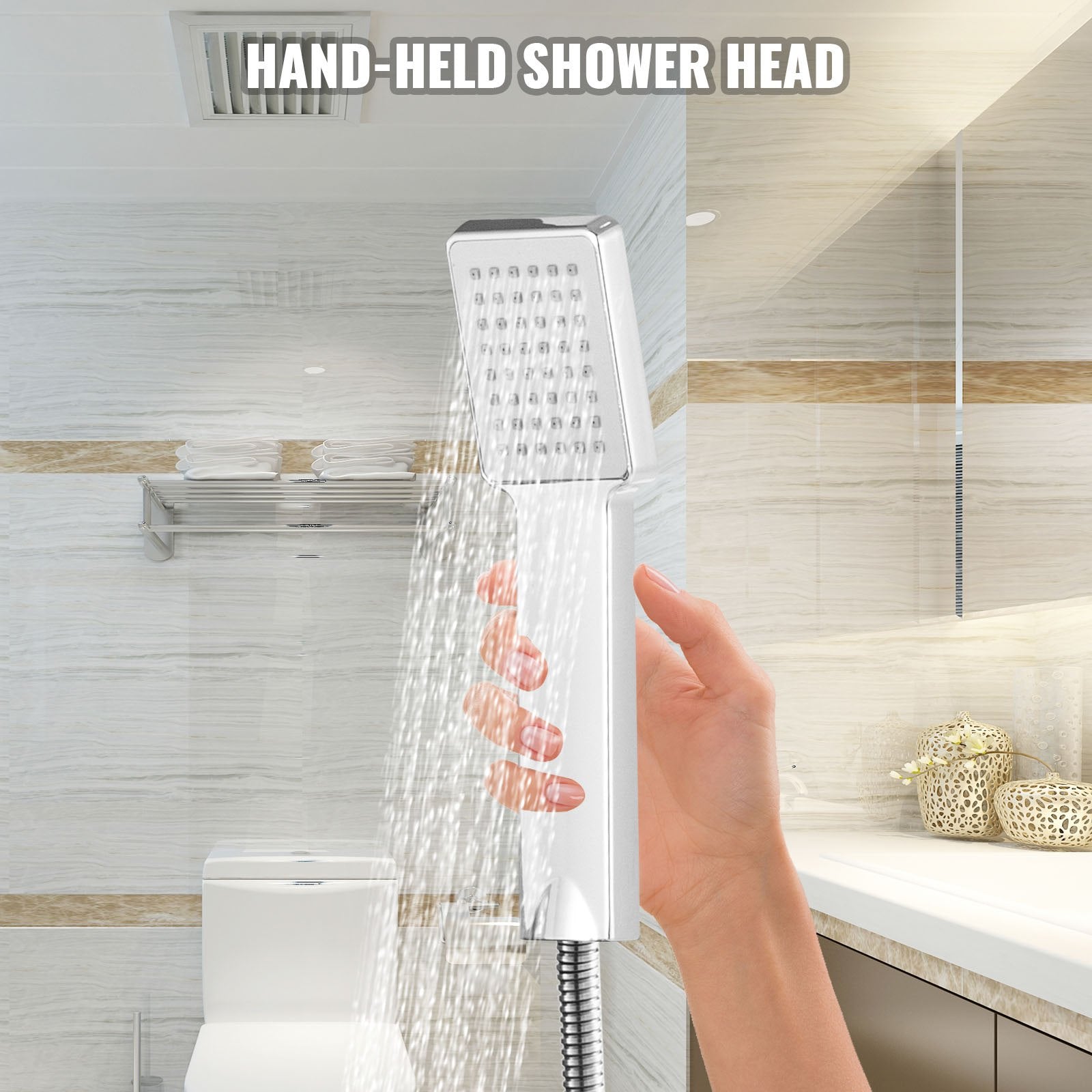 Happybuy 6 in 1 Shower Tower Panel Stainless Steel LED Display Wall Mounted Shower Panel System Panel Rainfall Massage Jets Waterfall Bathroom Shower Tower (Silver Color) 