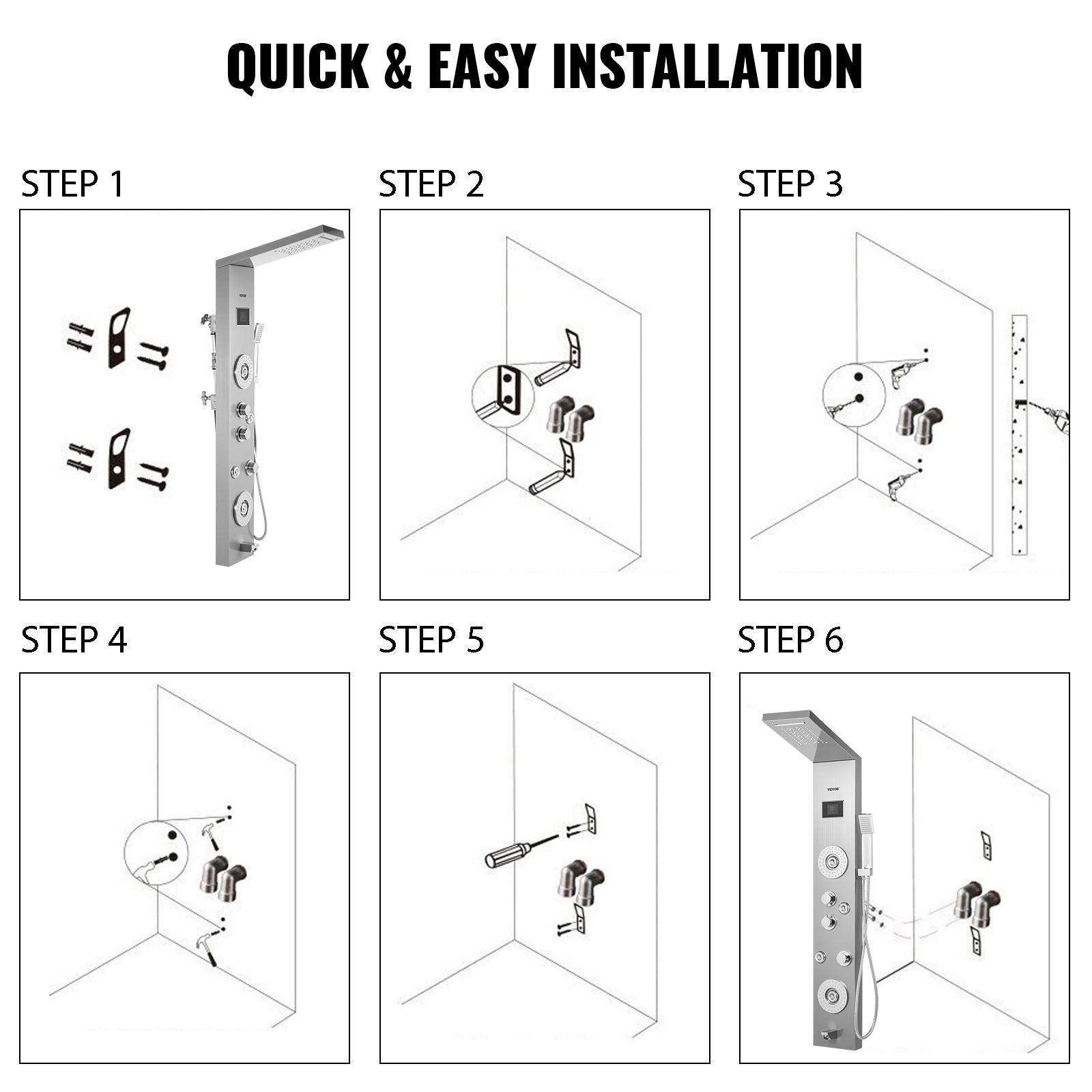 Happybuy 6 in 1 Shower Tower Panel Stainless Steel LED Display Wall Mounted Shower Panel System Panel Rainfall Massage Jets Waterfall Bathroom Shower Tower (Silver Color) 