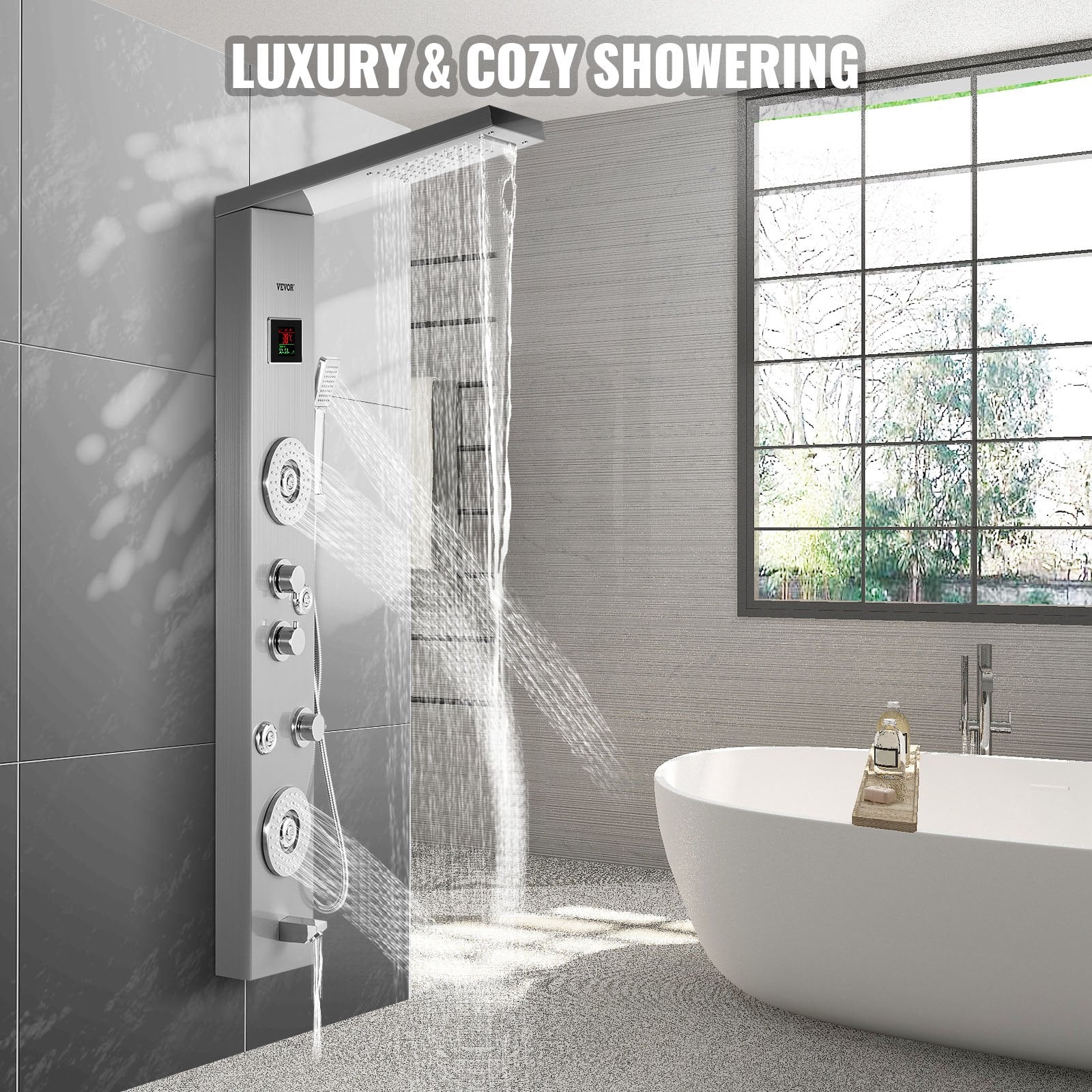 Happybuy 6 in 1 Shower Tower Panel Stainless Steel LED Display Wall Mounted Shower Panel System Panel Rainfall Massage Jets Waterfall Bathroom Shower Tower (Silver Color) 