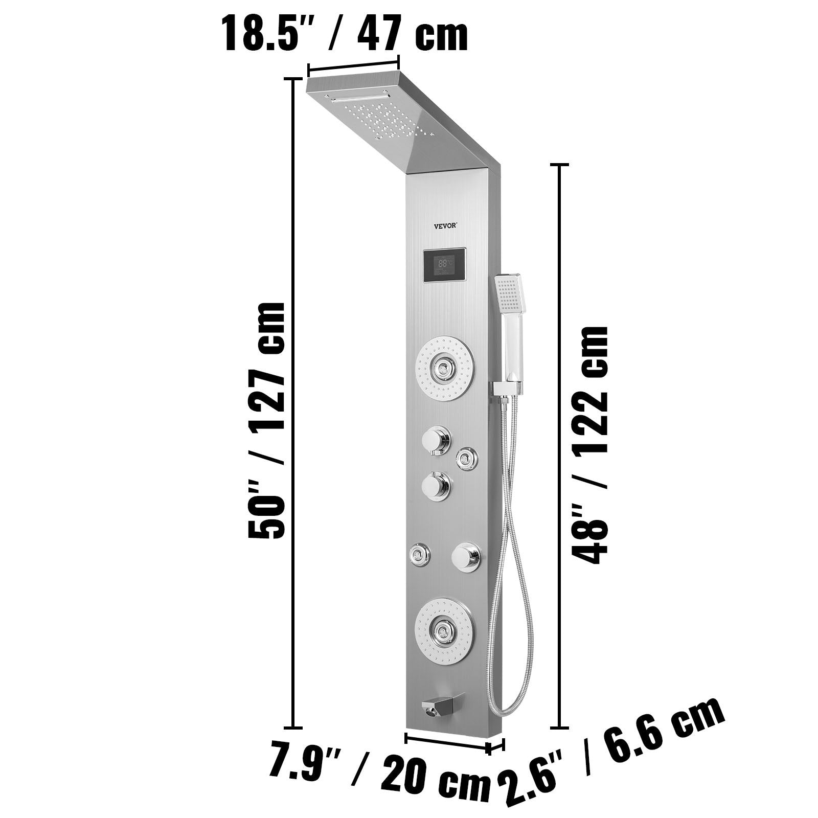 Happybuy 6 in 1 Shower Tower Panel Stainless Steel LED Display Wall Mounted Shower Panel System Panel Rainfall Massage Jets Waterfall Bathroom Shower Tower (Silver Color) 