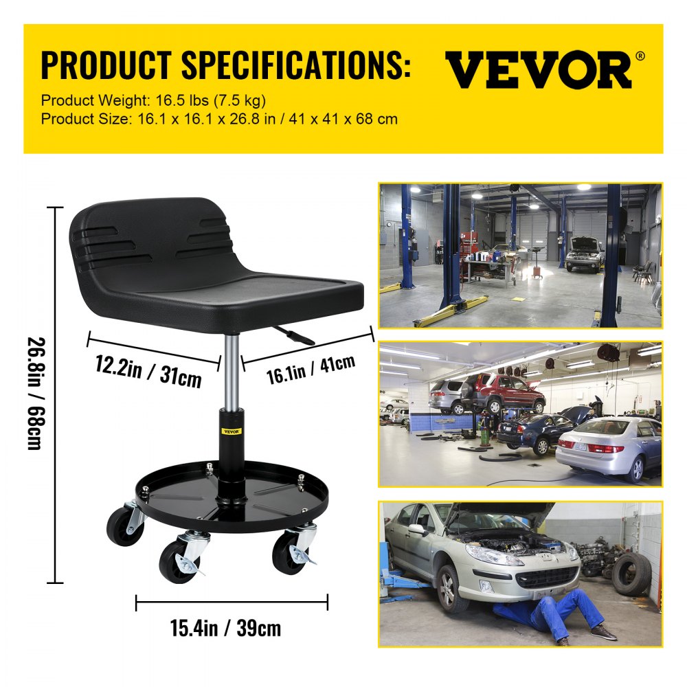 VEVOR Rolling Garage Stool, 300LBS Capacity, Adjustable Height from 15.7 in to 20.5 in, Mechanic Seat with 360-degree Swivel Wheels and Tool Tray, for Workshop, Auto Repair Shop, Black 