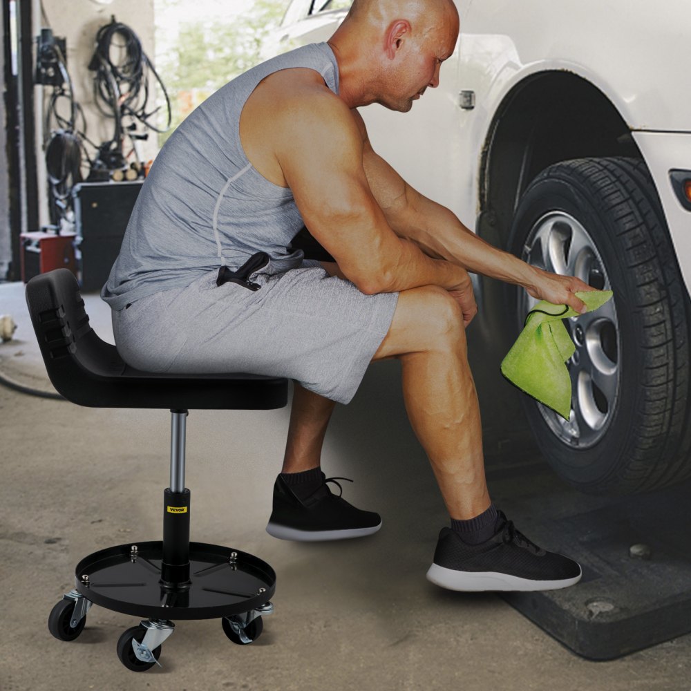 VEVOR Rolling Garage Stool, 300LBS Capacity, Adjustable Height from 15.7 in to 20.5 in, Mechanic Seat with 360-degree Swivel Wheels and Tool Tray, for Workshop, Auto Repair Shop, Black 