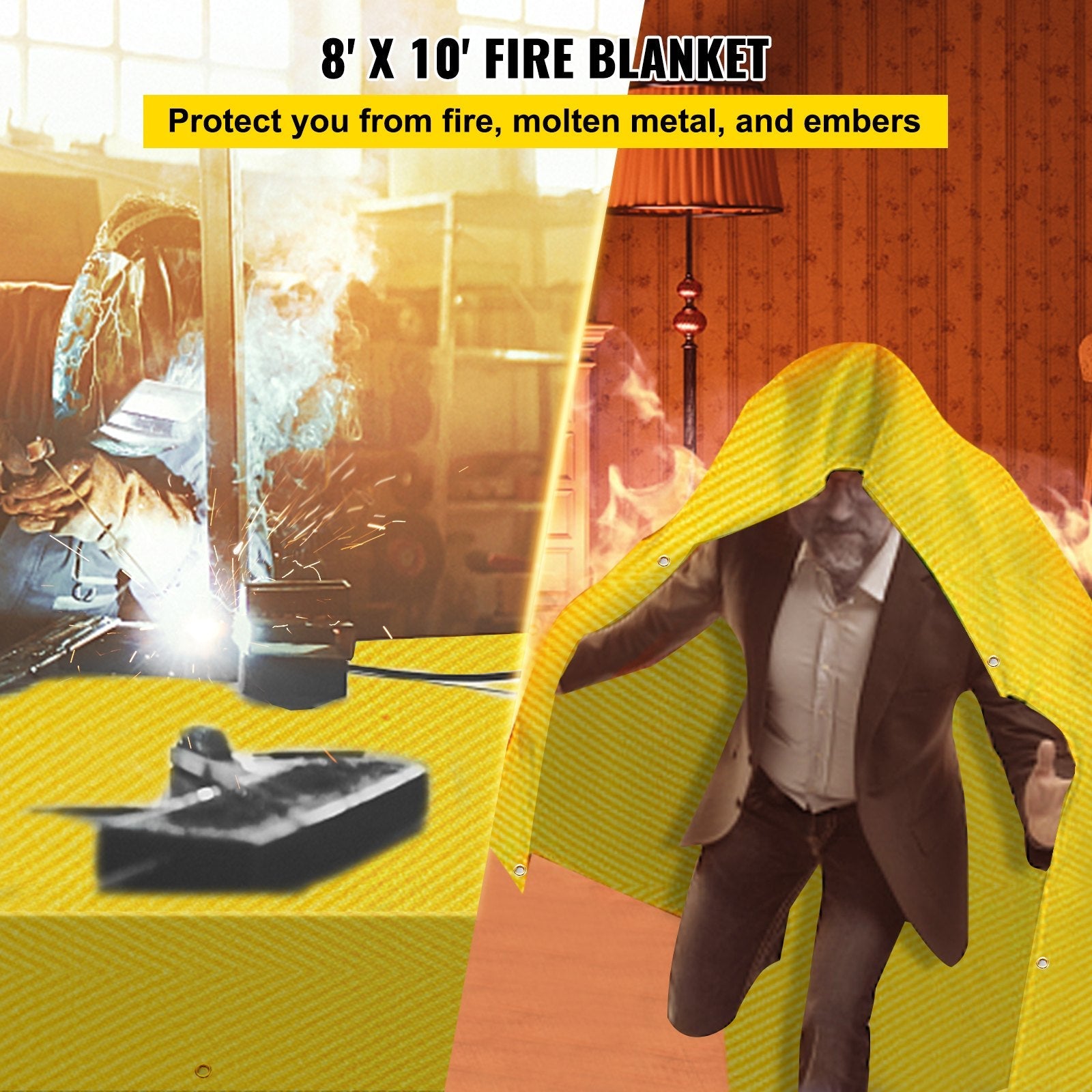 VEVOR 8 x 10 Ft Welding Blanket Gold Fiberglass Blanket Portable Fiberglass Fire Retardant Blanket Welding Mat Welding Fireproof Thermal Resistant Insulation With Carry Bag 