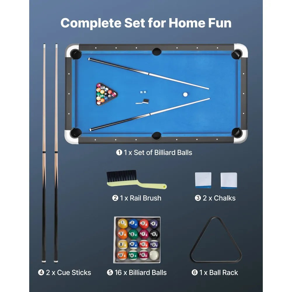 VEVOR Pool Table, 7 ft Portable Billiards Tables, Adjustable Feet Stable Game Table, Entertainment Set Includes Ball, Cue, Rack, Chalk and Brush, Black with Bule Cloth, for Family Use, Recreation Room 