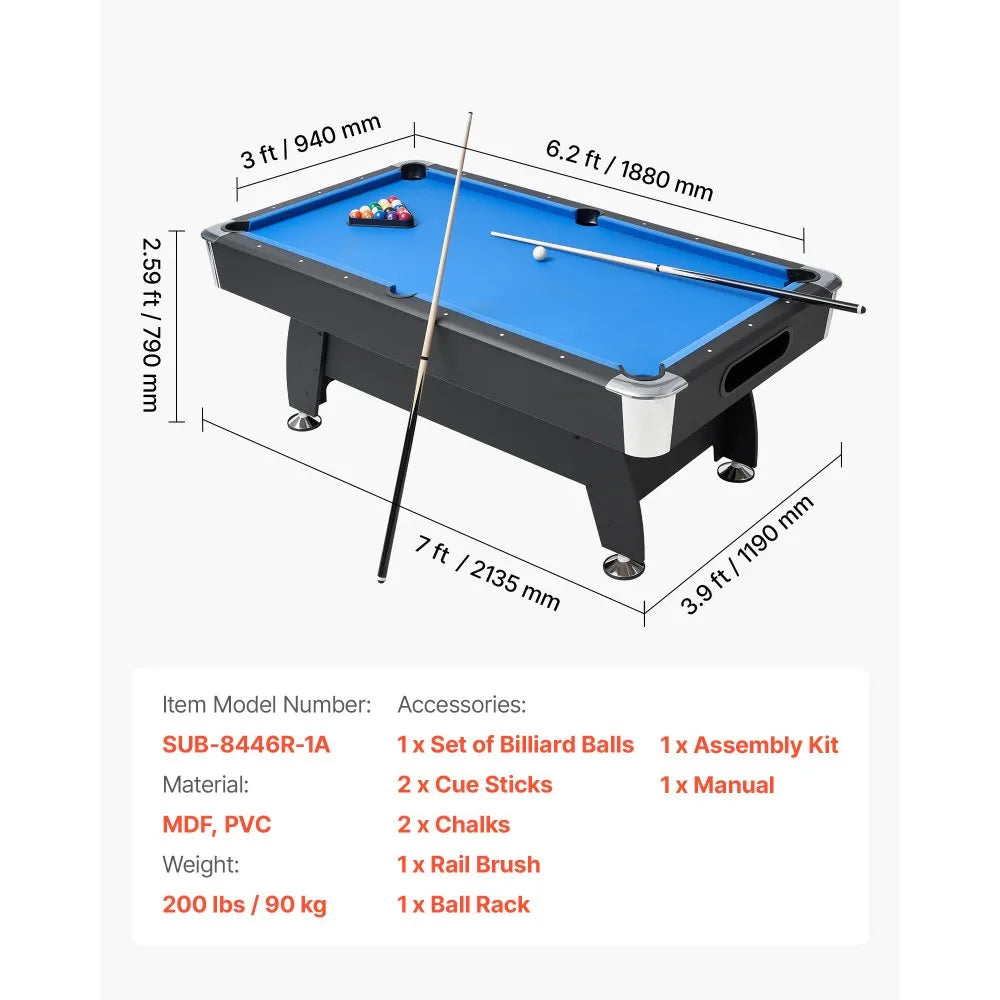 VEVOR Pool Table, 7 ft Portable Billiards Tables, Adjustable Feet Stable Game Table, Entertainment Set Includes Ball, Cue, Rack, Chalk and Brush, Black with Bule Cloth, for Family Use, Recreation Room 