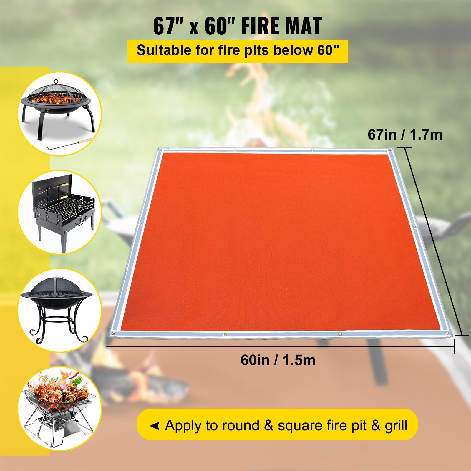VEVOR Fire Pit Mat, 67\" x 60\" Fire Blanket, Fiberglass Welding Blanket, 3.3 lbs Fireproof Blanket, 1022°F Fire Retardant Blanket, Rust Iron Red Emergency Fire Blanket w/ 10 Grommets & 6 Silver Hooks 