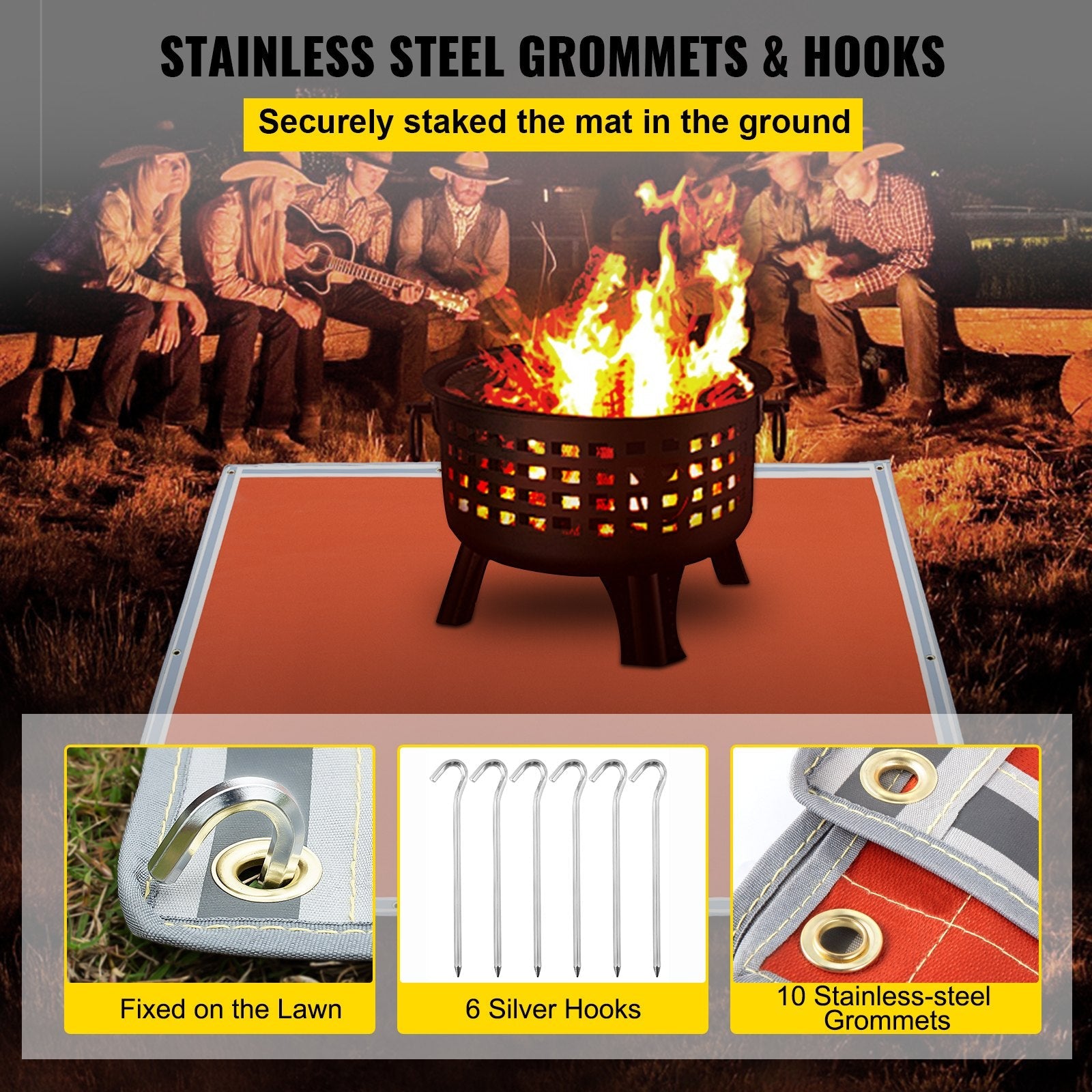 VEVOR Fire Pit Mat, 67\" x 60\" Fire Blanket, Fiberglass Welding Blanket, 3.3 lbs Fireproof Blanket, 1022°F Fire Retardant Blanket, Rust Iron Red Emergency Fire Blanket w/ 10 Grommets & 6 Silver Hooks 