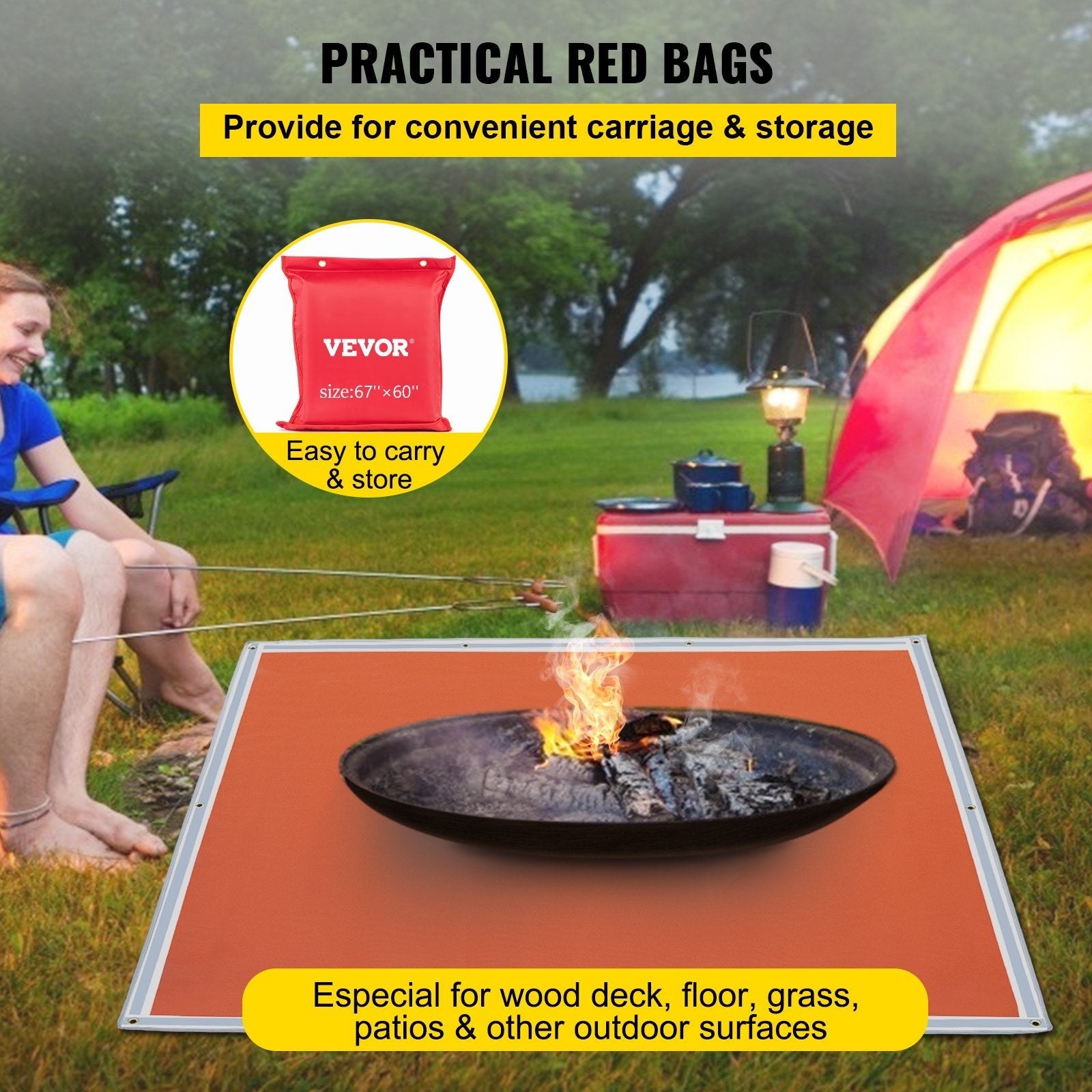 VEVOR Fire Pit Mat, 67\" x 60\" Fire Blanket, Fiberglass Welding Blanket, 3.3 lbs Fireproof Blanket, 1022°F Fire Retardant Blanket, Rust Iron Red Emergency Fire Blanket w/ 10 Grommets & 6 Silver Hooks 